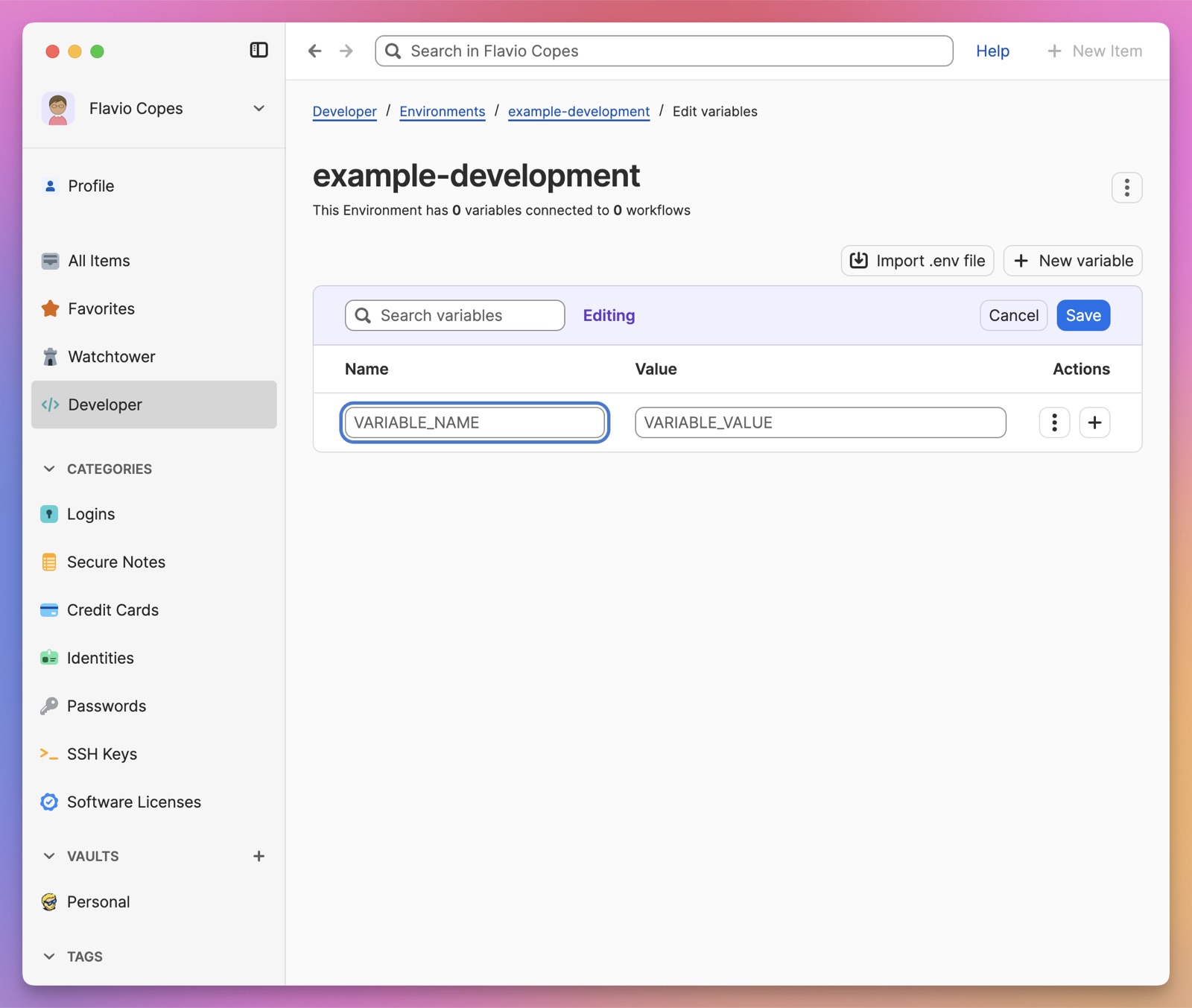 The 1Password variable editor with fields for a variable name and value