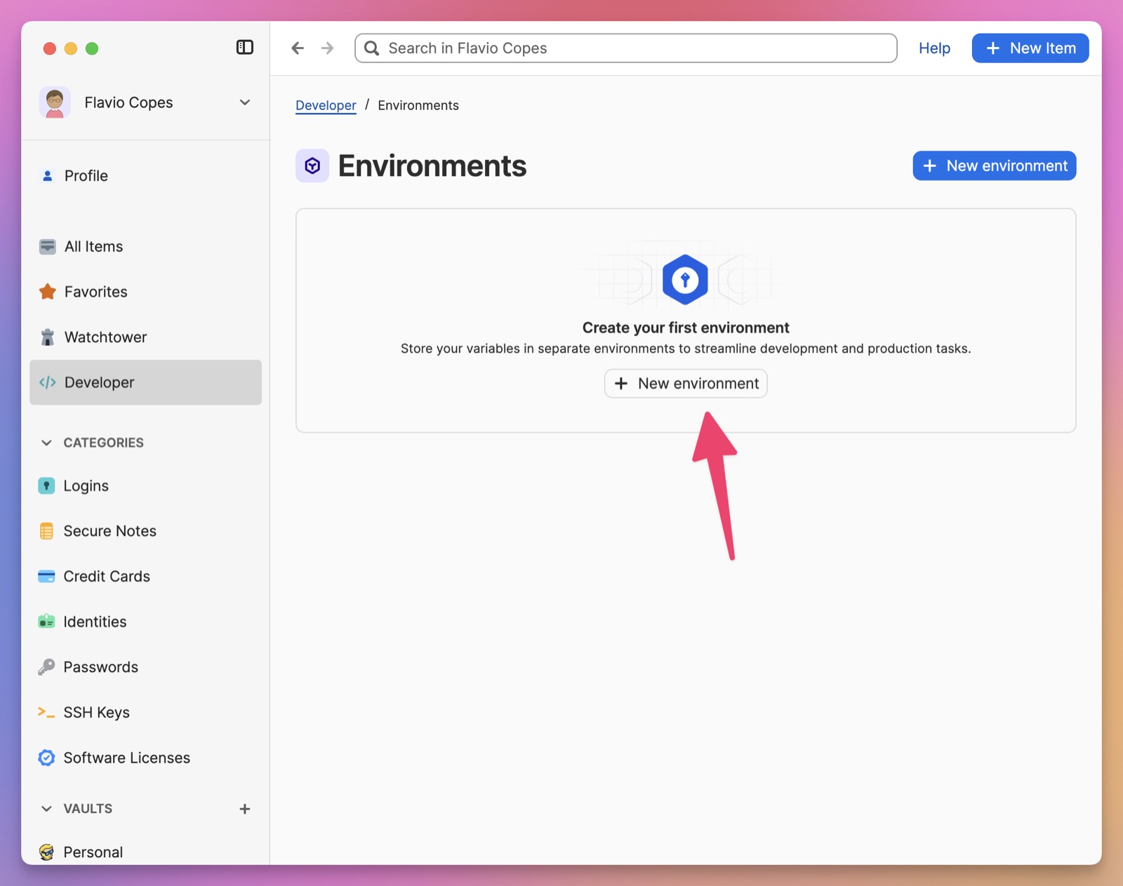 The 1Password Environments screen with the New environment button highlighted