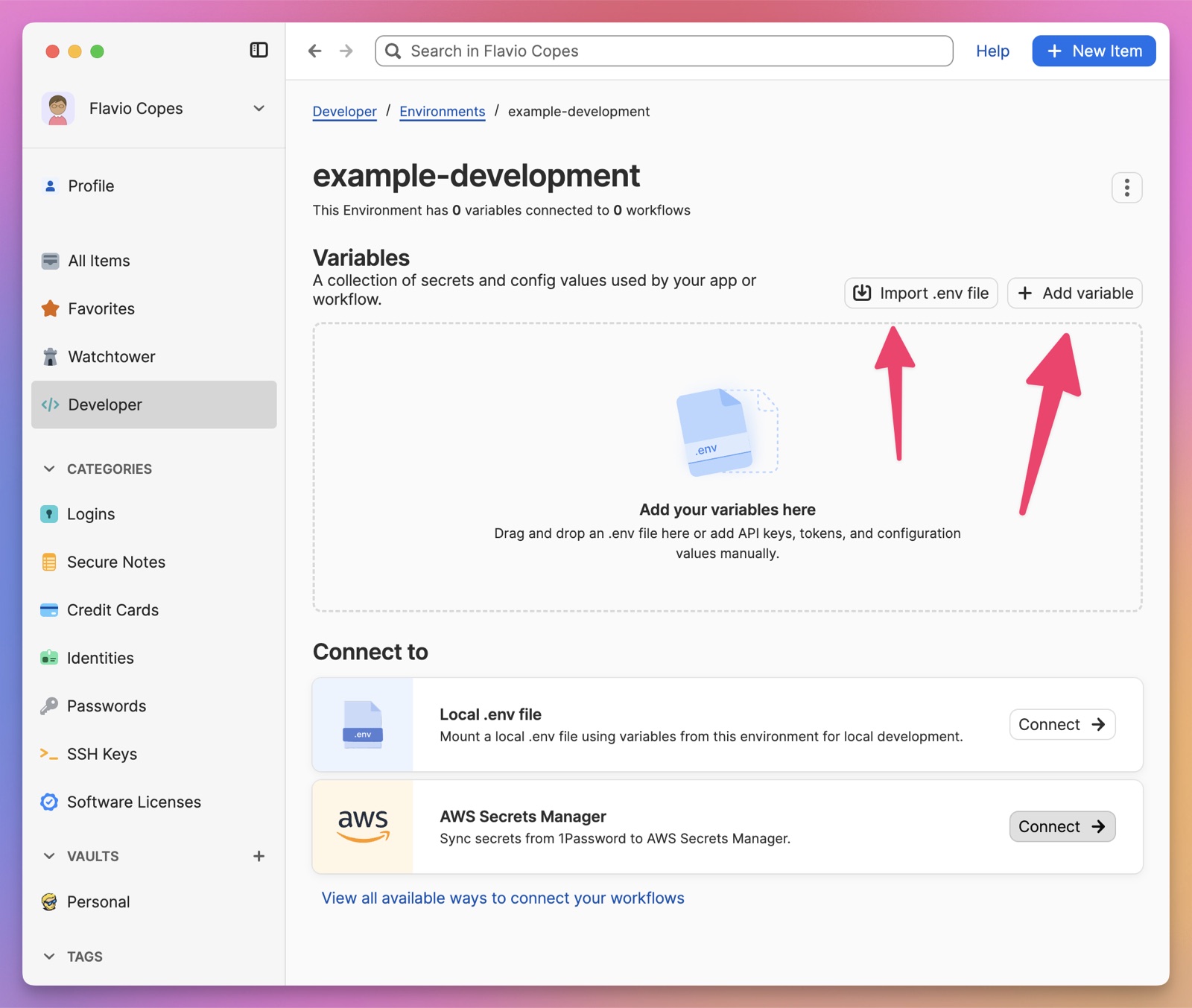 The example-development Environment with options to import a .env file or add a variable