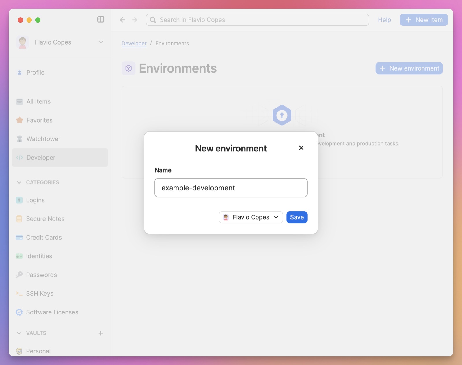 The 1Password New environment dialog naming the environment example-development