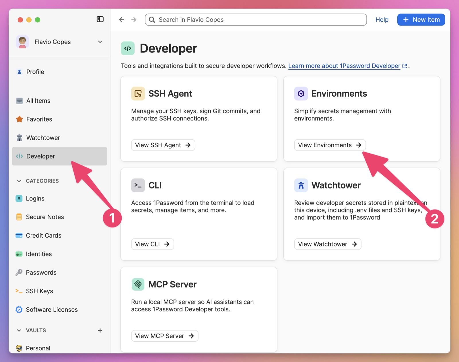 The 1Password Developer screen with arrows pointing to Developer and View Environments