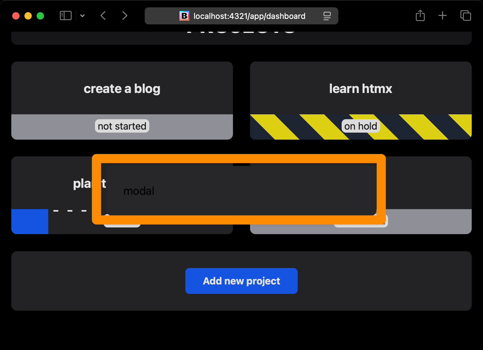 The dashboard with the modal now visible on top of the project cards