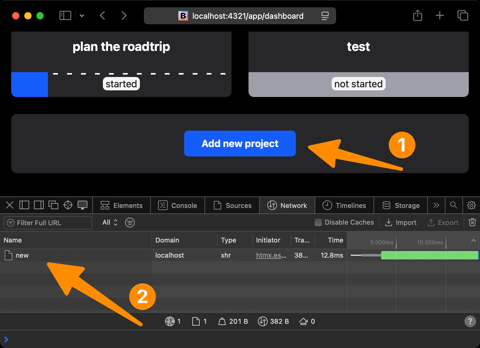 Clicking the Add new project button in the dashboard triggers a request named new in the browser DevTools network panel