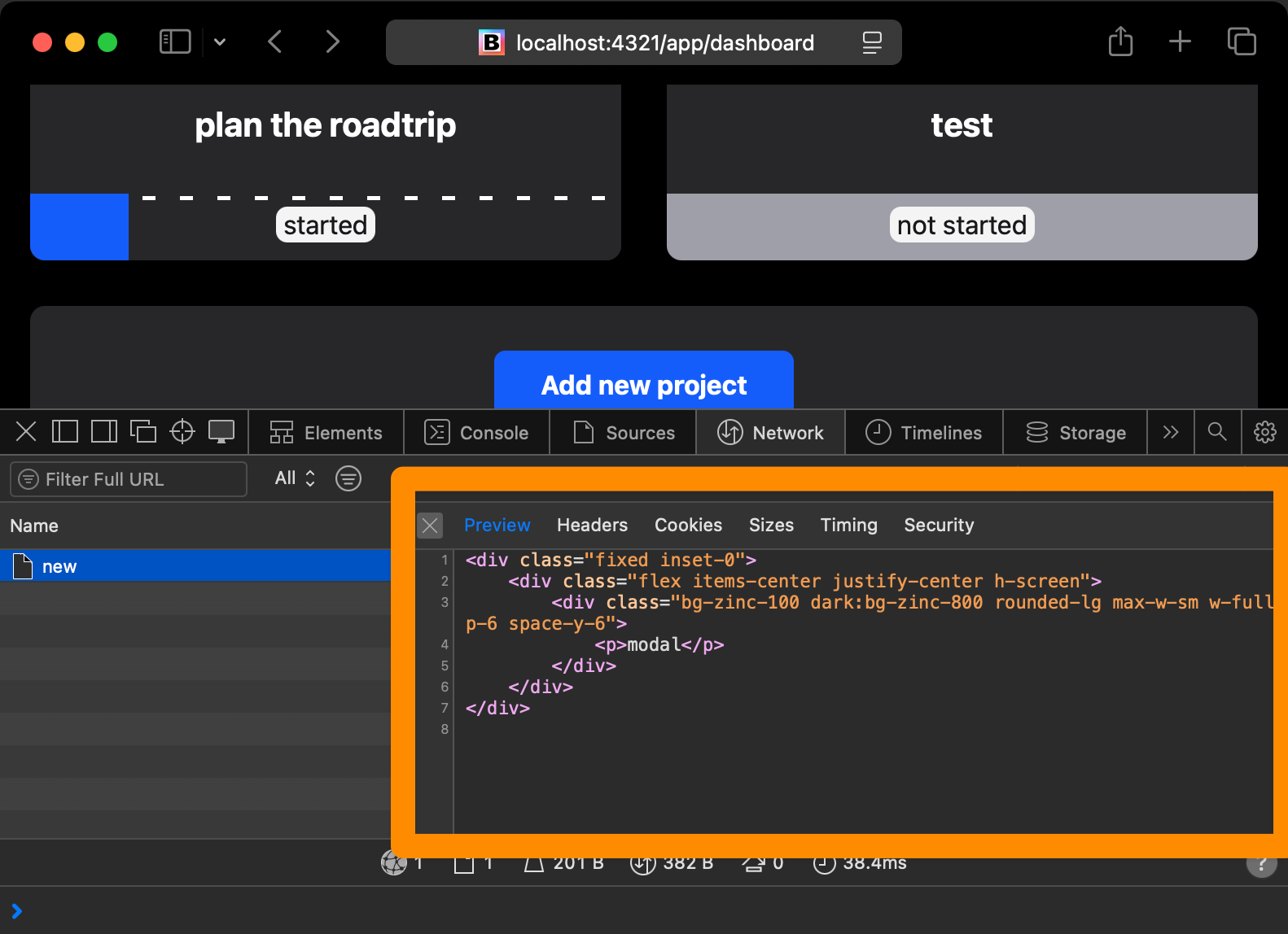 The response preview of the request in DevTools, showing the modal HTML returned by the page partial