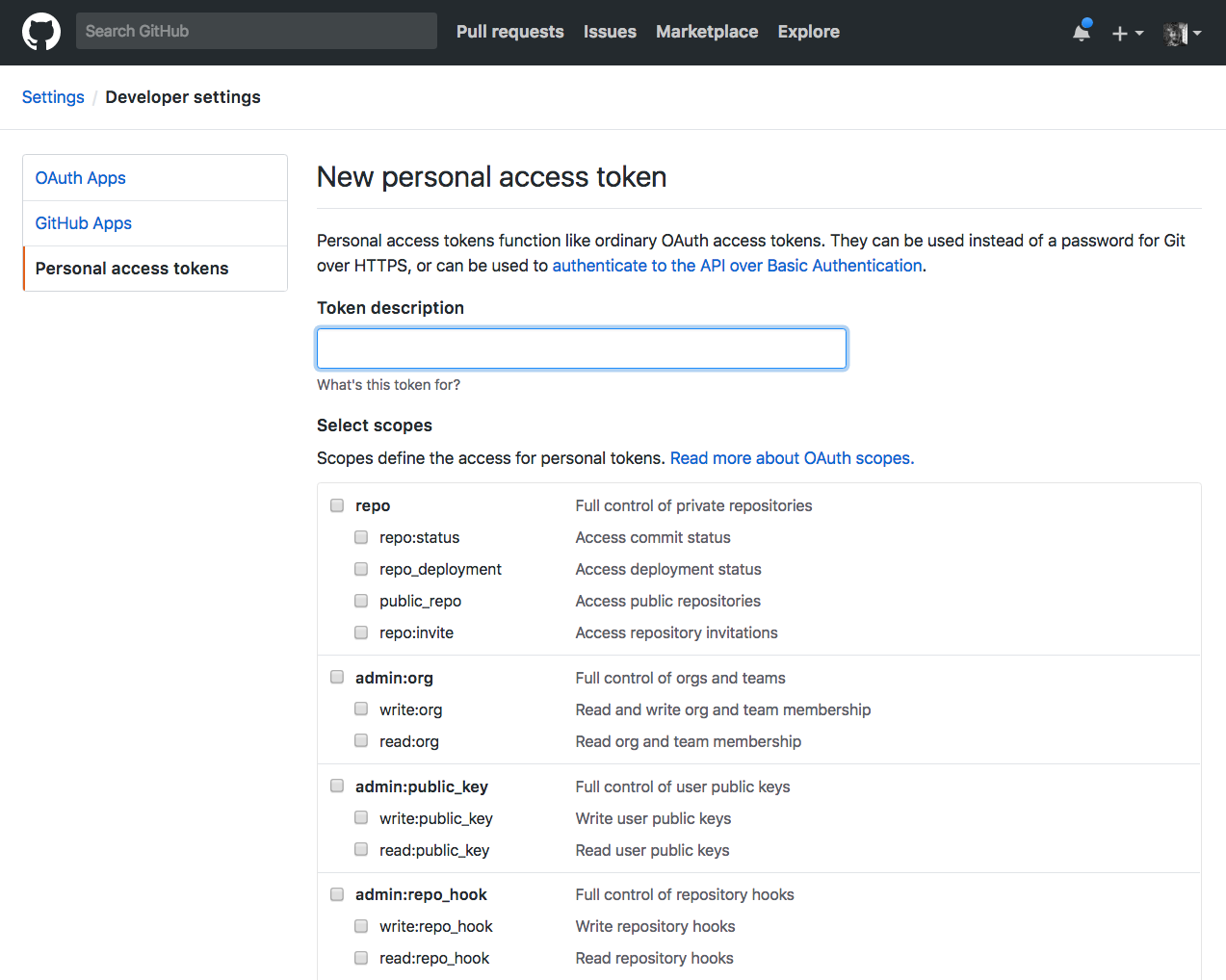 GitHub interface to create a new personal access token