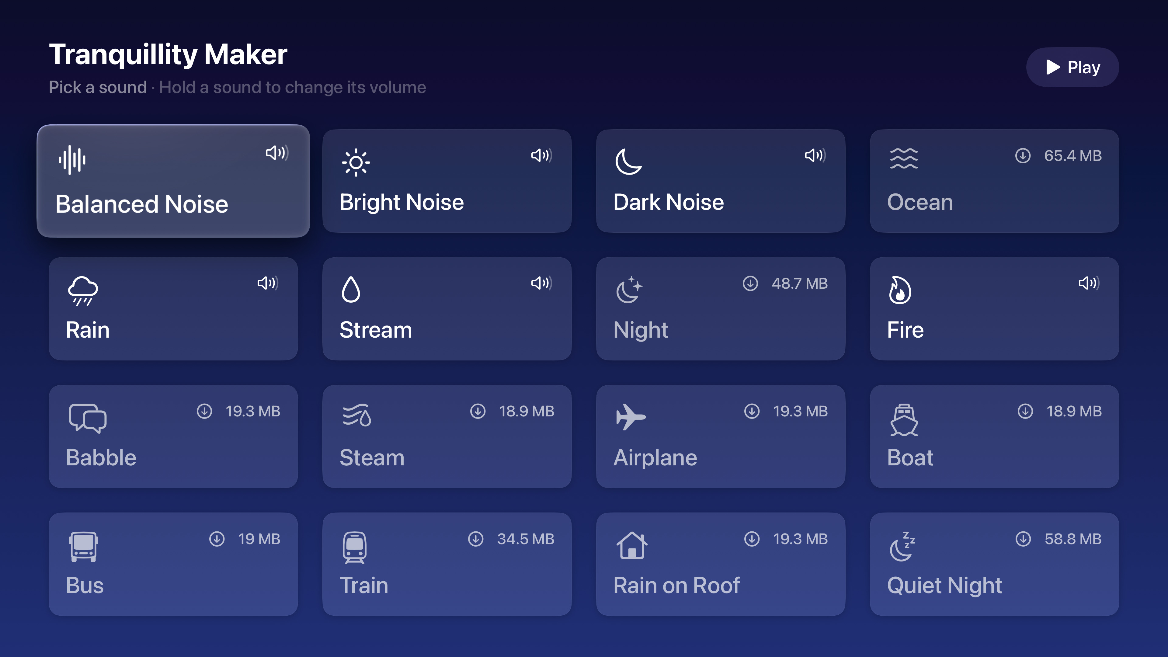 Tranquillity Maker on the Apple TV, with the 16 sounds in a grid