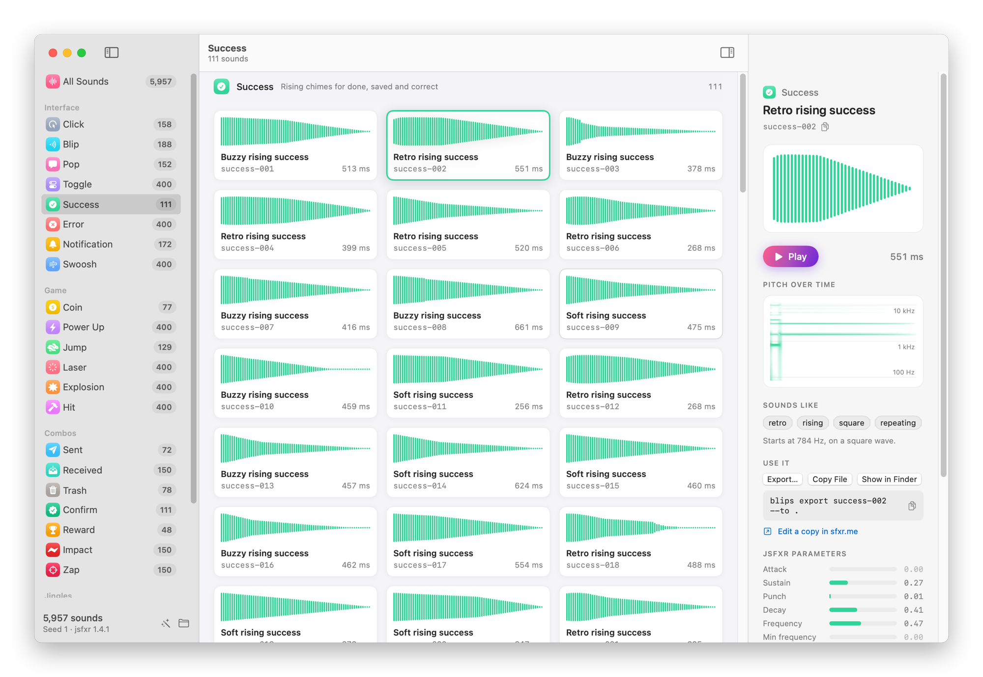 The Blips window with the categories in the sidebar, the success sounds as a grid of waveforms, and the selected sound in the inspector with its pitch over time