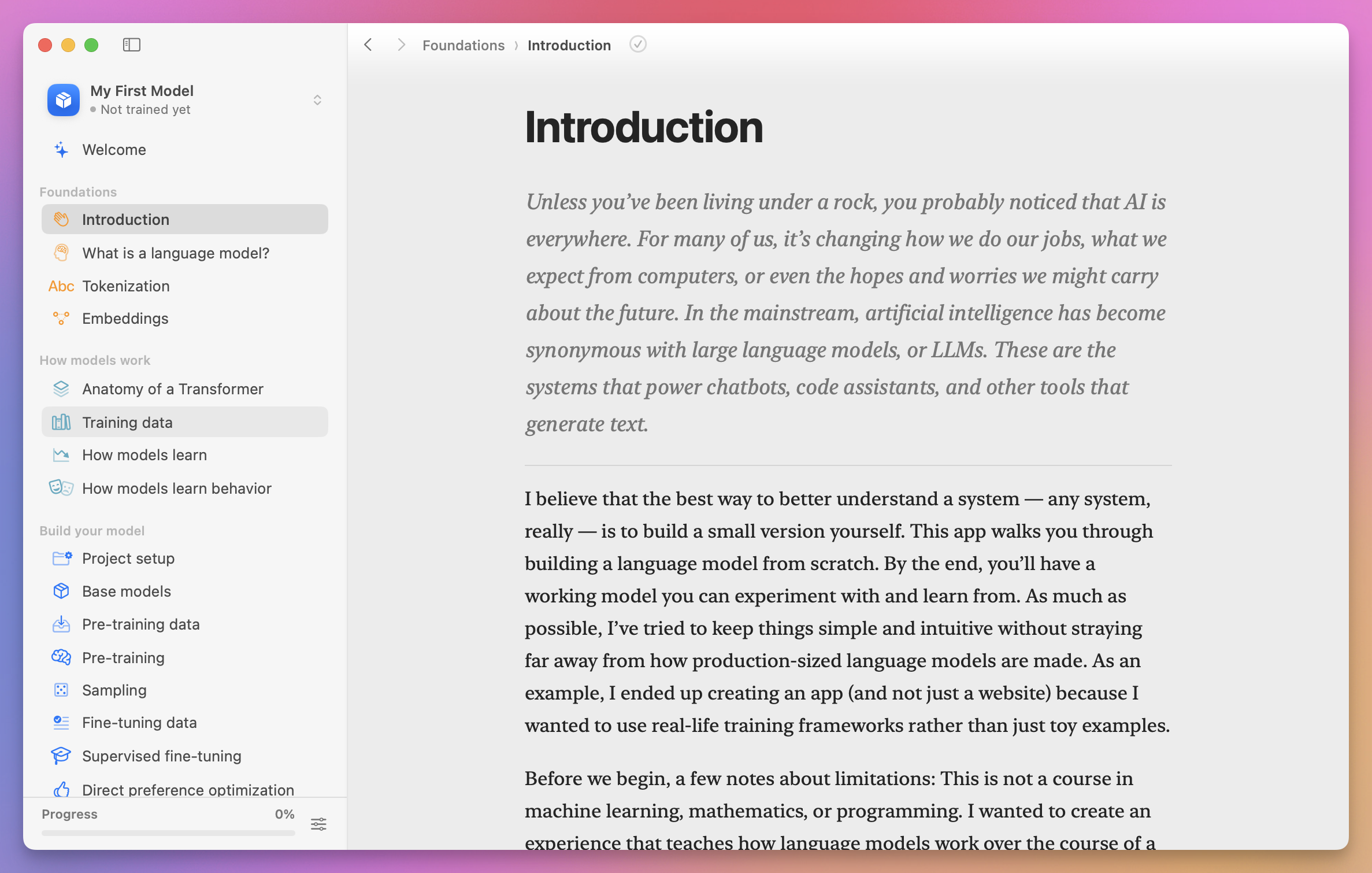The introduction in the interactive Language Model Builder guide