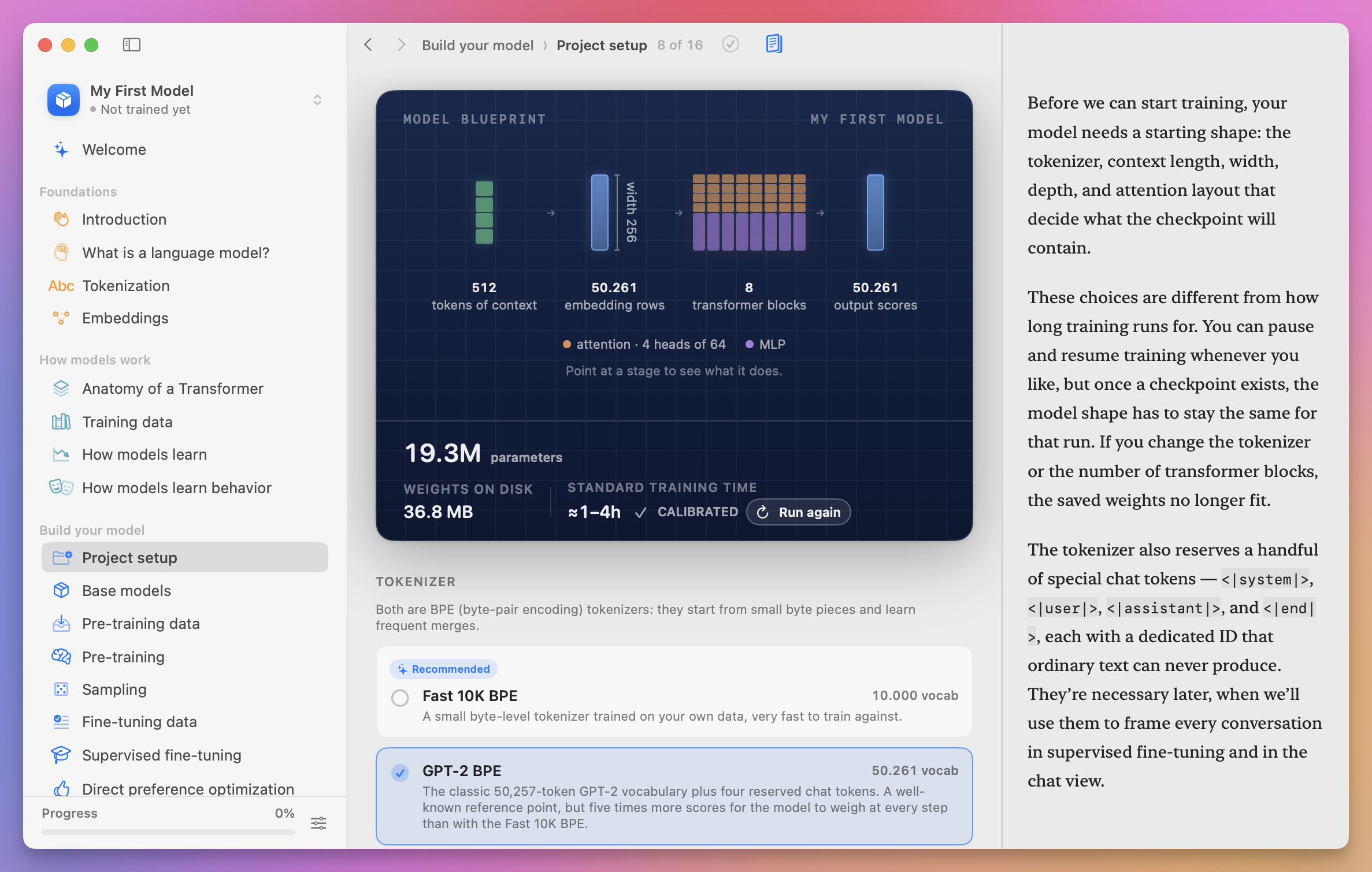 The project setup for my 19.3-million-parameter language model