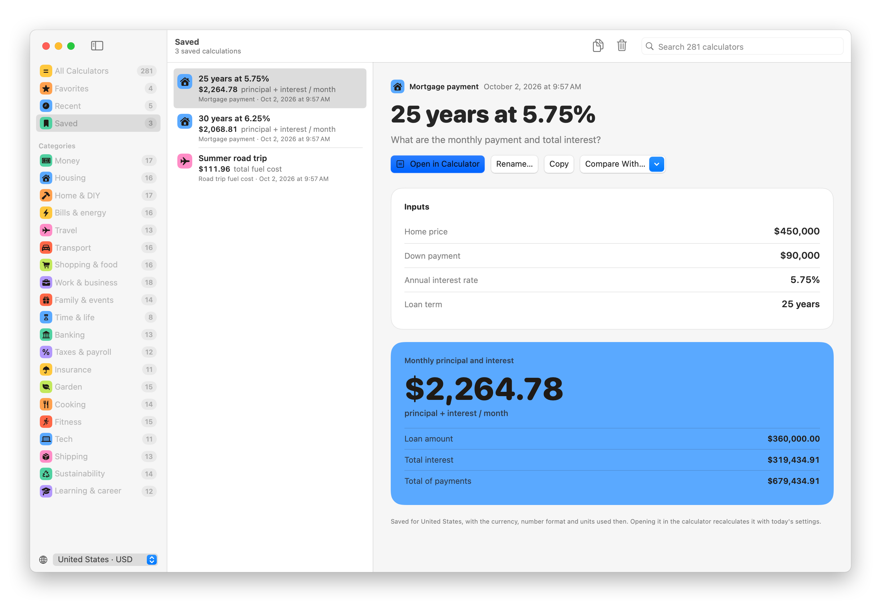 A saved mortgage calculation, with its inputs and its result