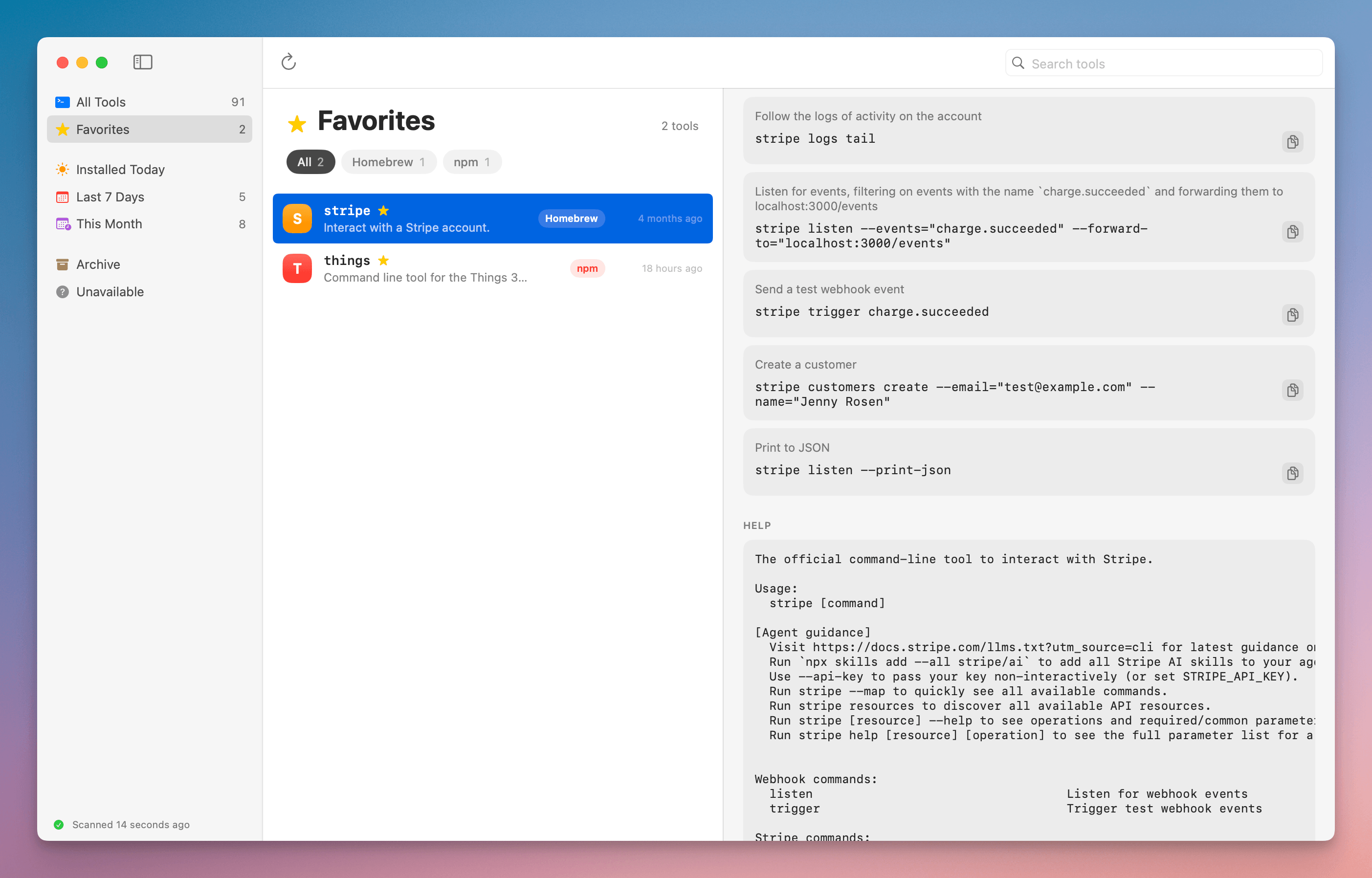 The stripe tool detail, with ready-made examples and the help output