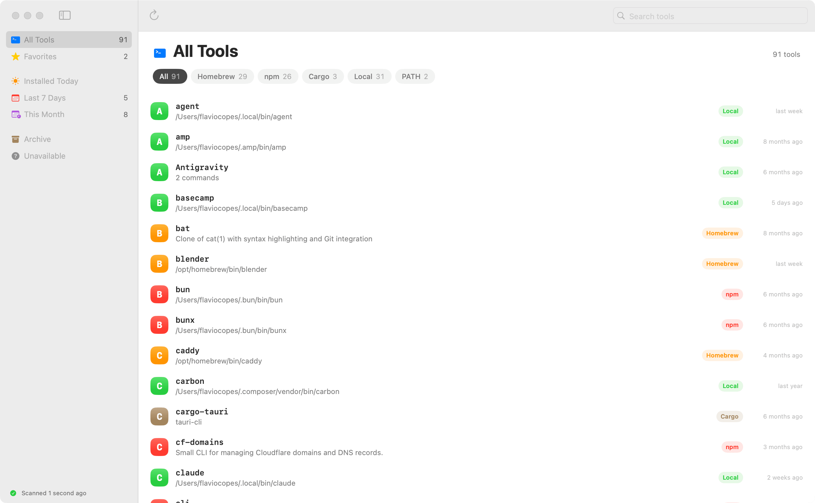 The CLI Tools app showing every tool found on my Mac