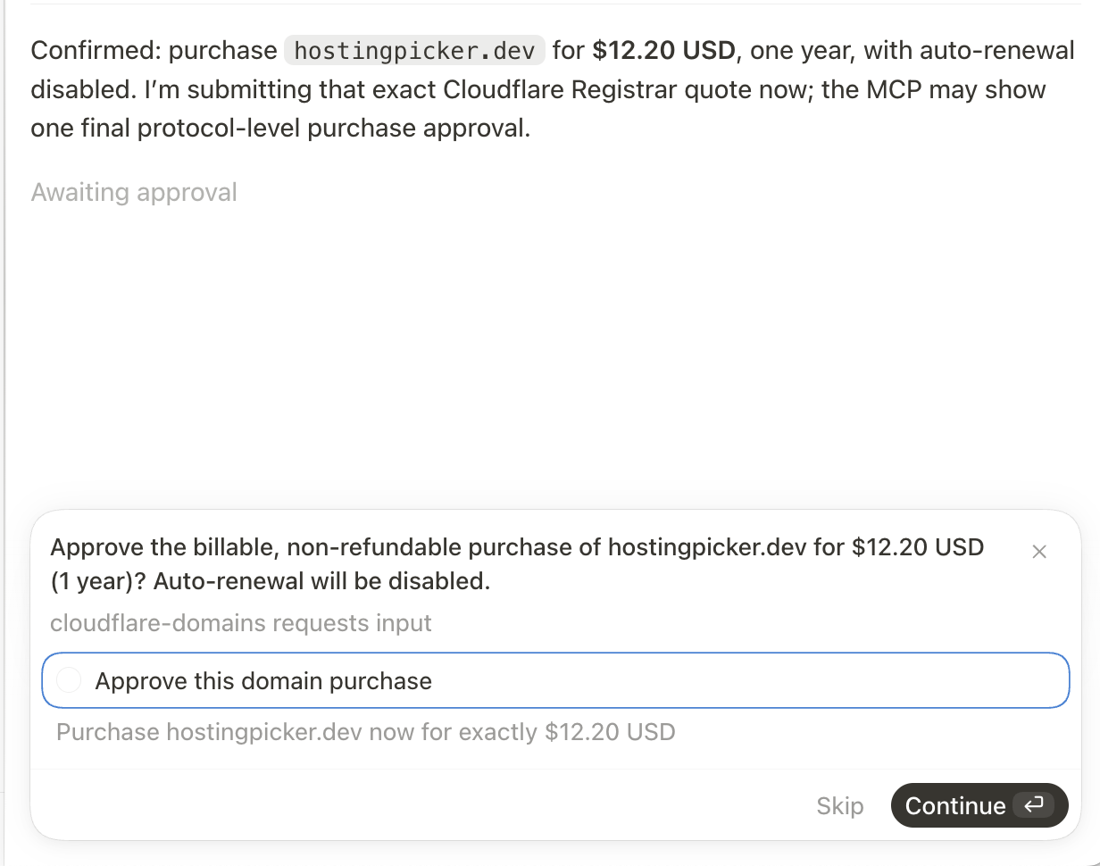 The MCP approval form for buying hostingpicker.dev for $12.20 through Cloudflare Registrar