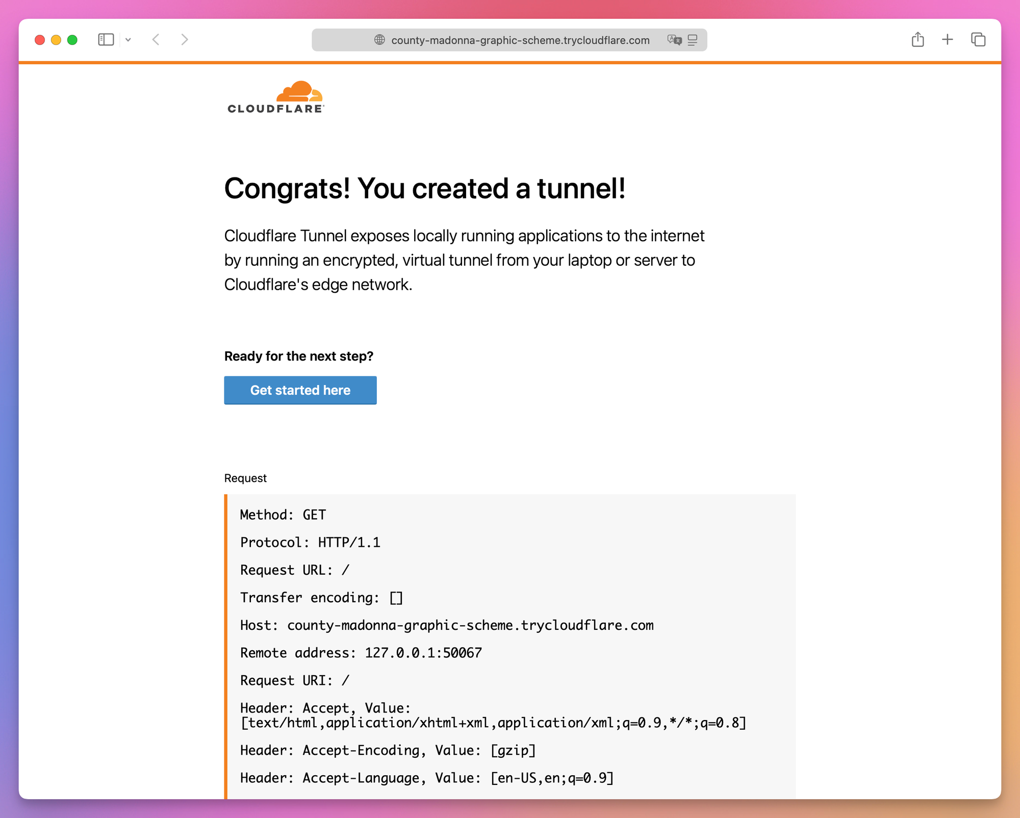The hello-world page served through a quick tunnel in Safari: a Cloudflare logo, the heading Congrats! You created a tunnel!, and the request details with the trycloudflare.com host