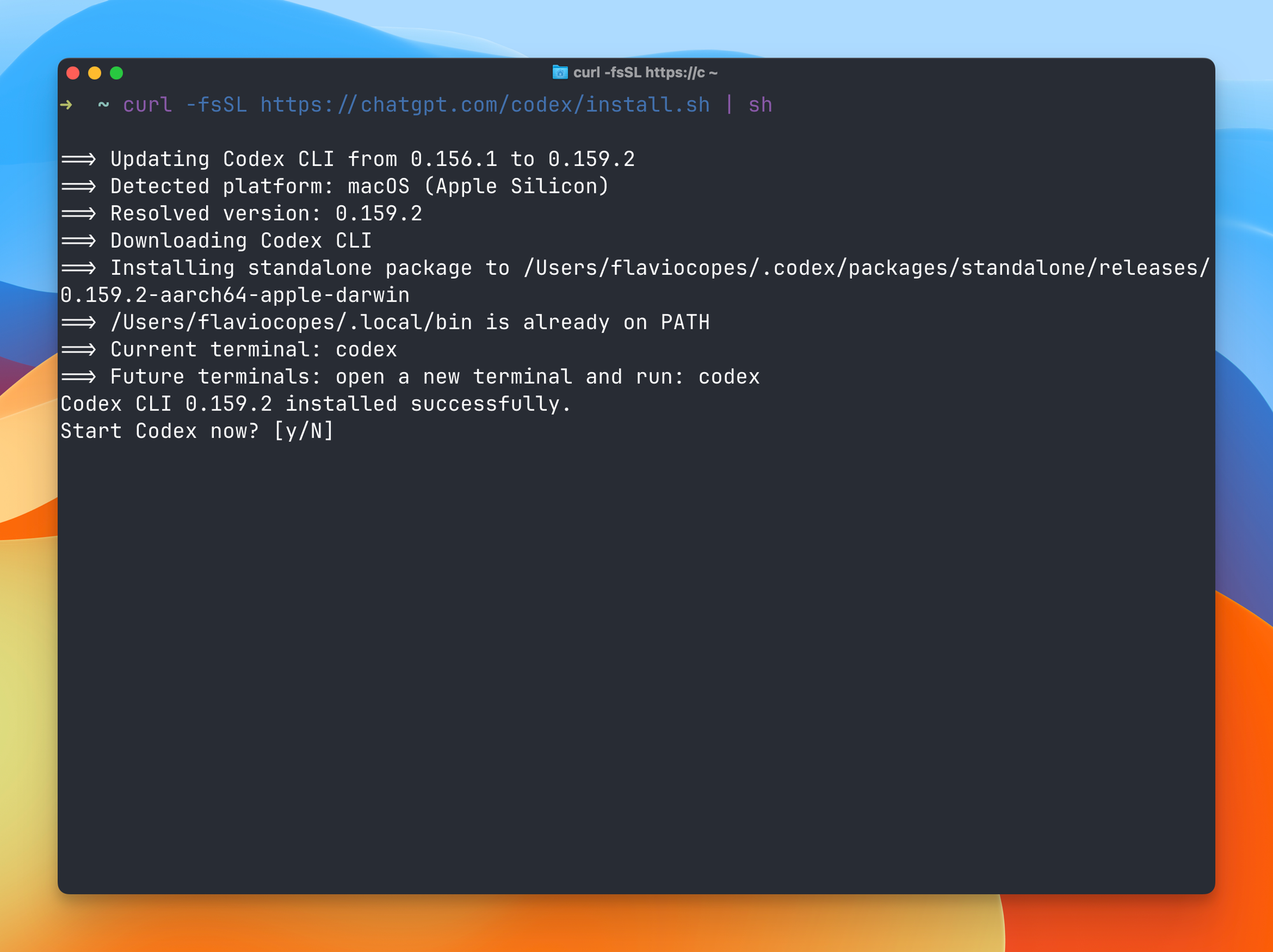 The Codex install script updating the CLI on macOS and asking whether to start Codex