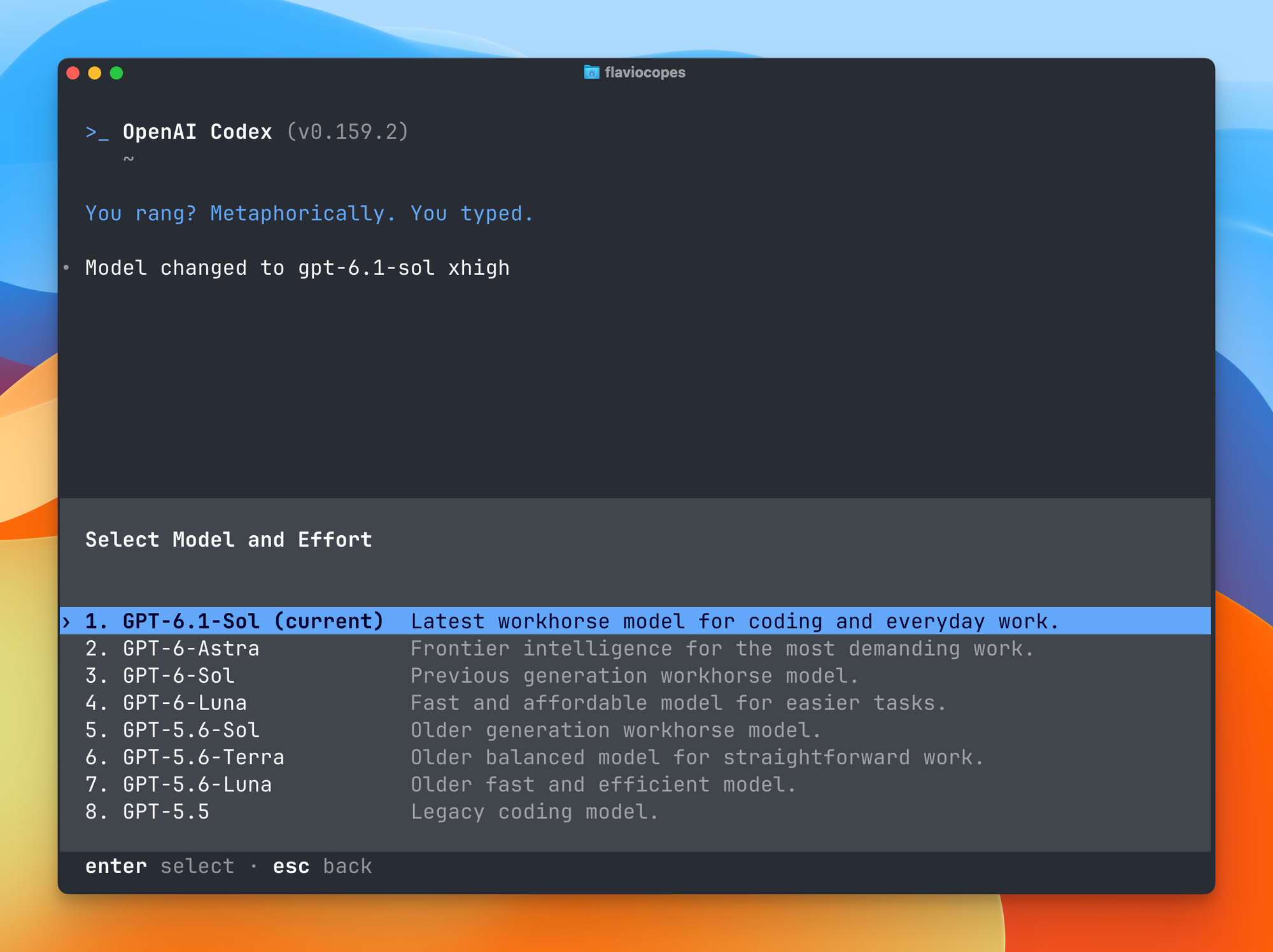 The model picker in the Codex CLI, listing GPT-6.1 Sol, GPT-6 Astra, GPT-6 Luna and the older models