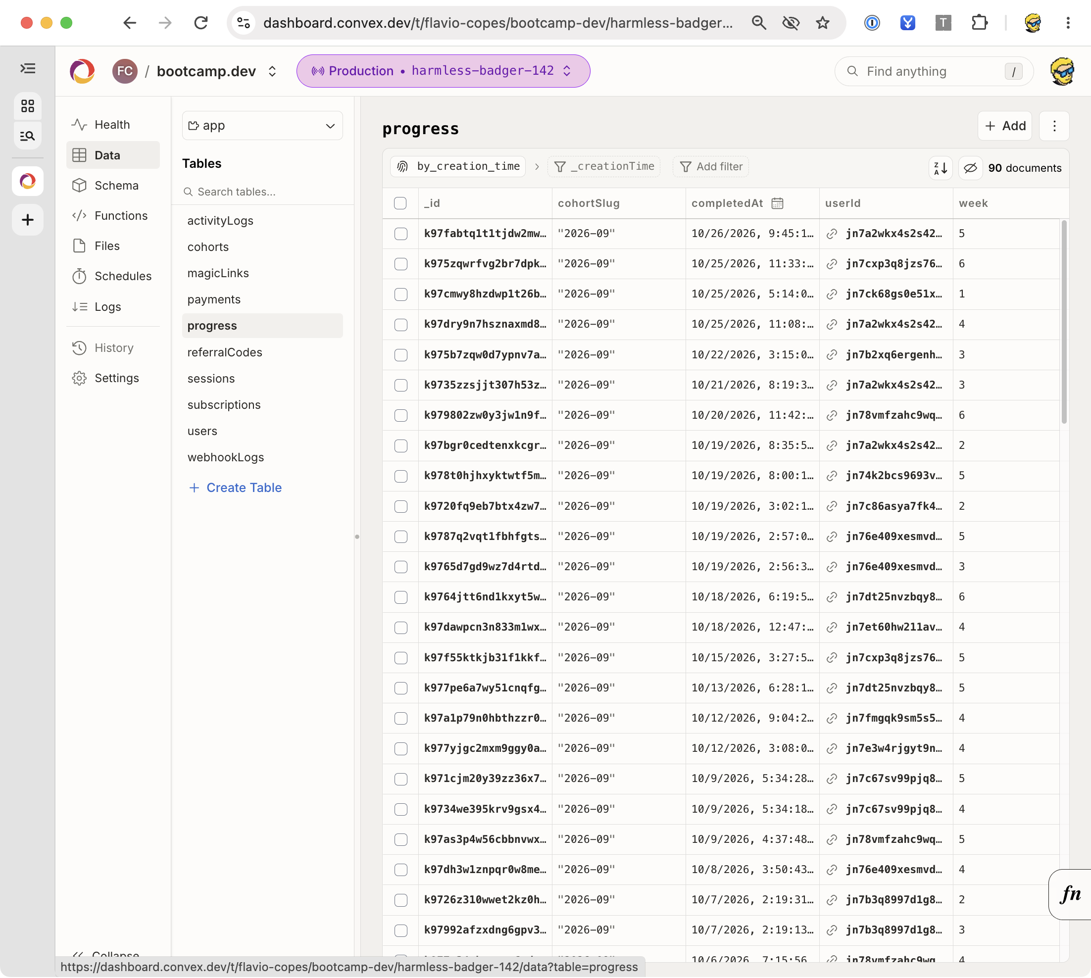The Convex Data panel showing the Bootcamp progress table