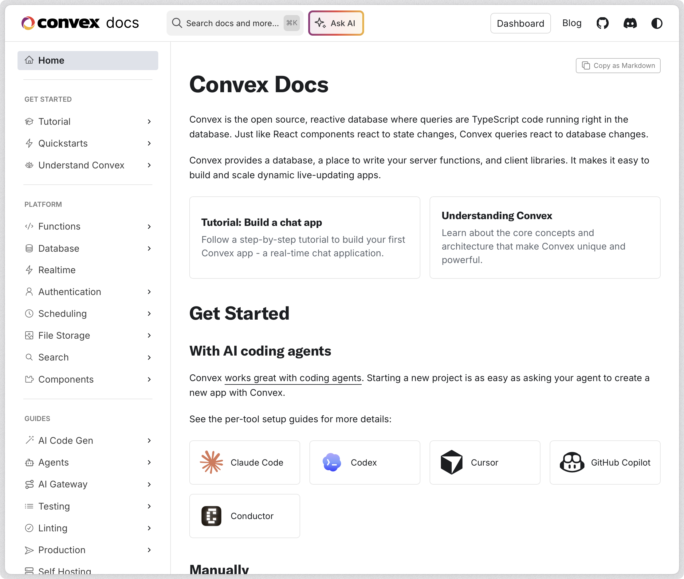 The Convex documentation with tutorials, quickstarts, and platform guides