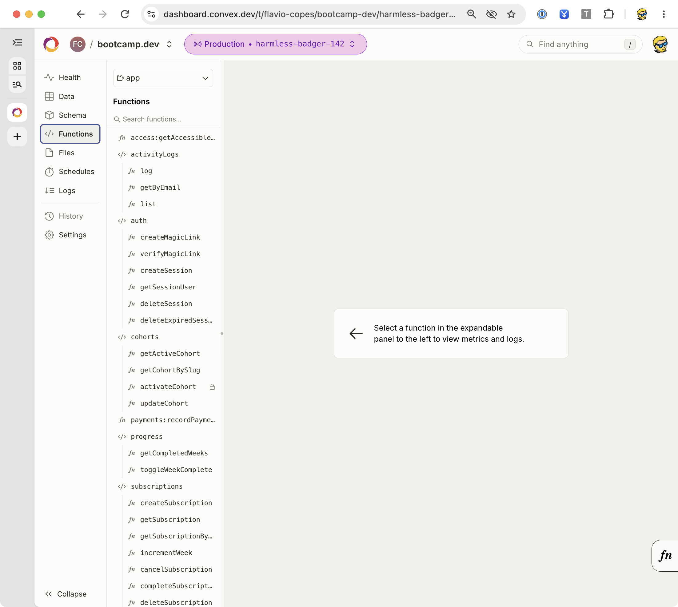 The Convex Functions panel listing the Bootcamp backend functions