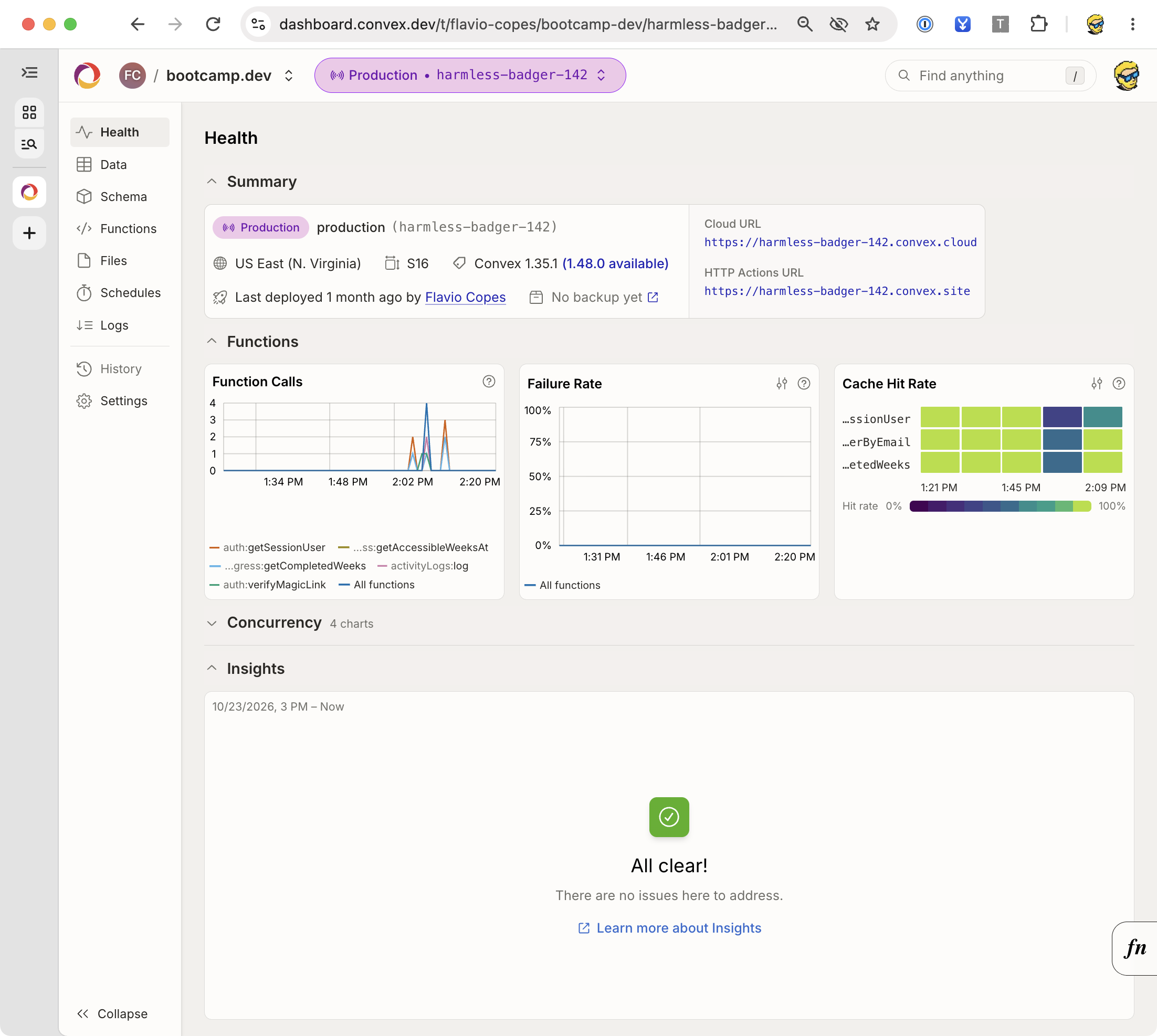The Bootcamp production deployment Health panel with function calls, failures, and cache hits