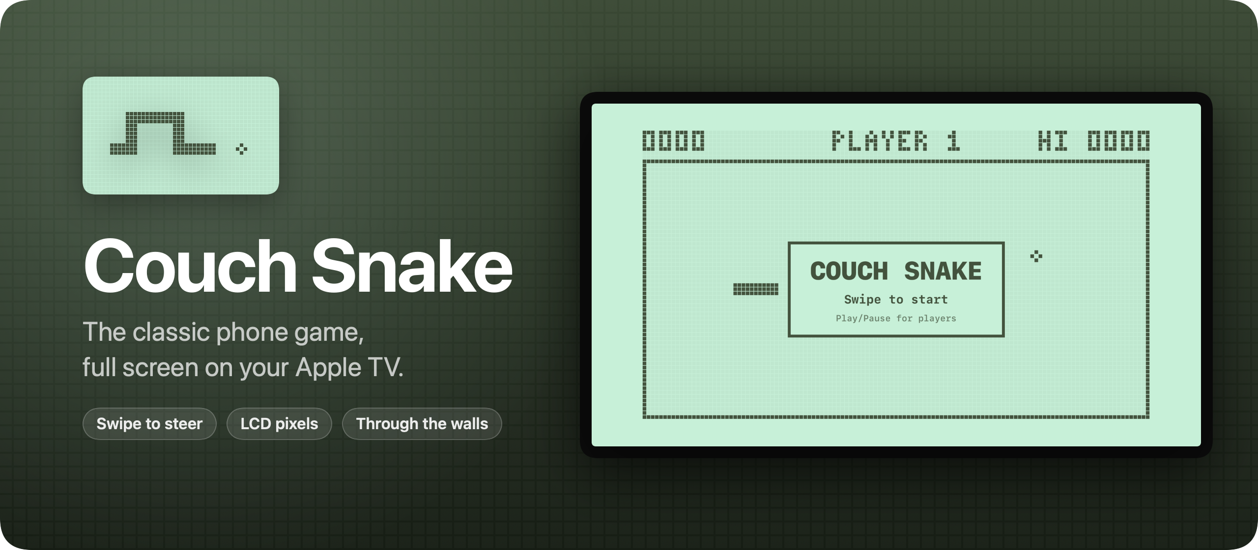 Couch Snake, the classic phone game, full screen on your Apple TV