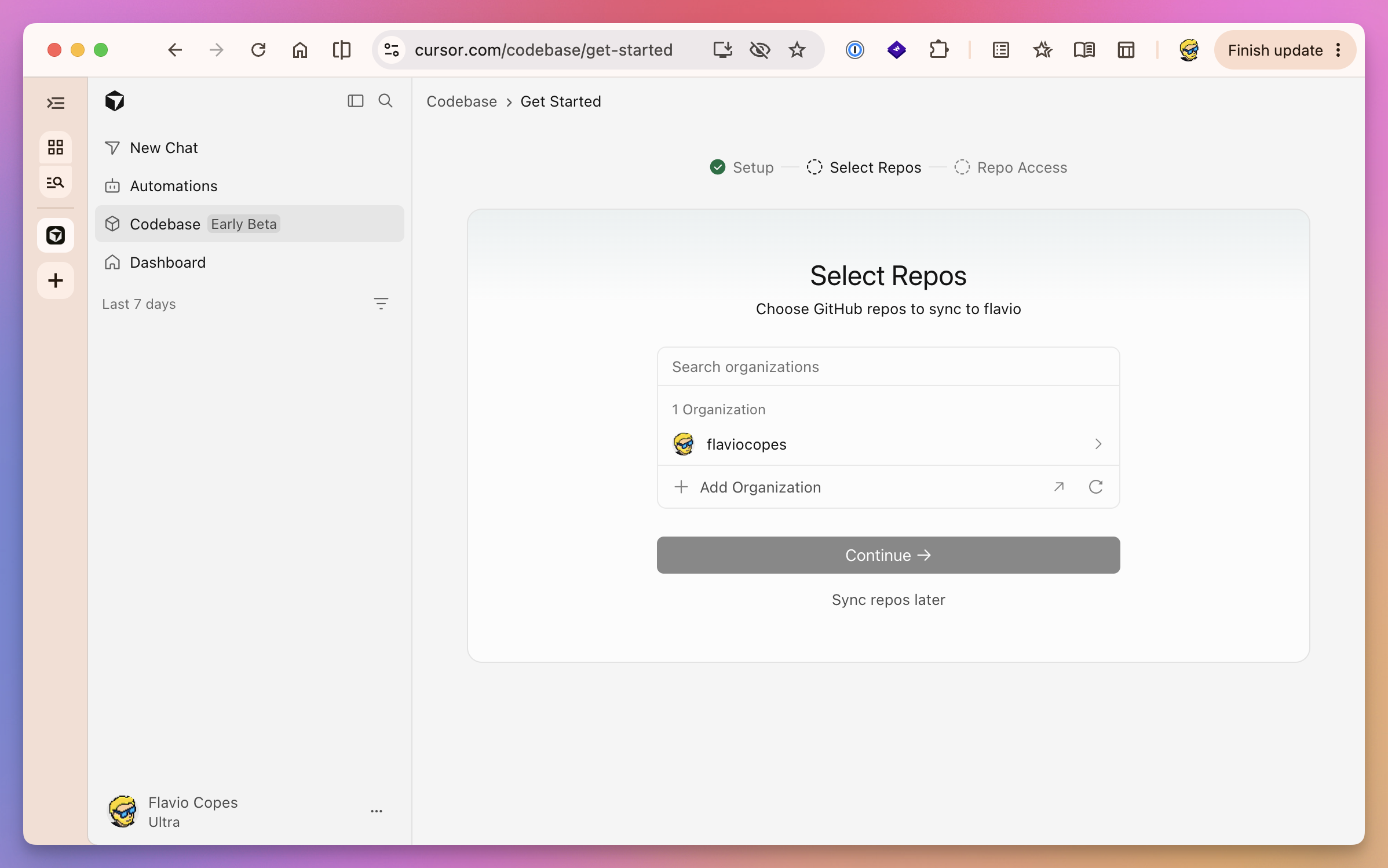 Cursor Origin setup showing the available GitHub organization