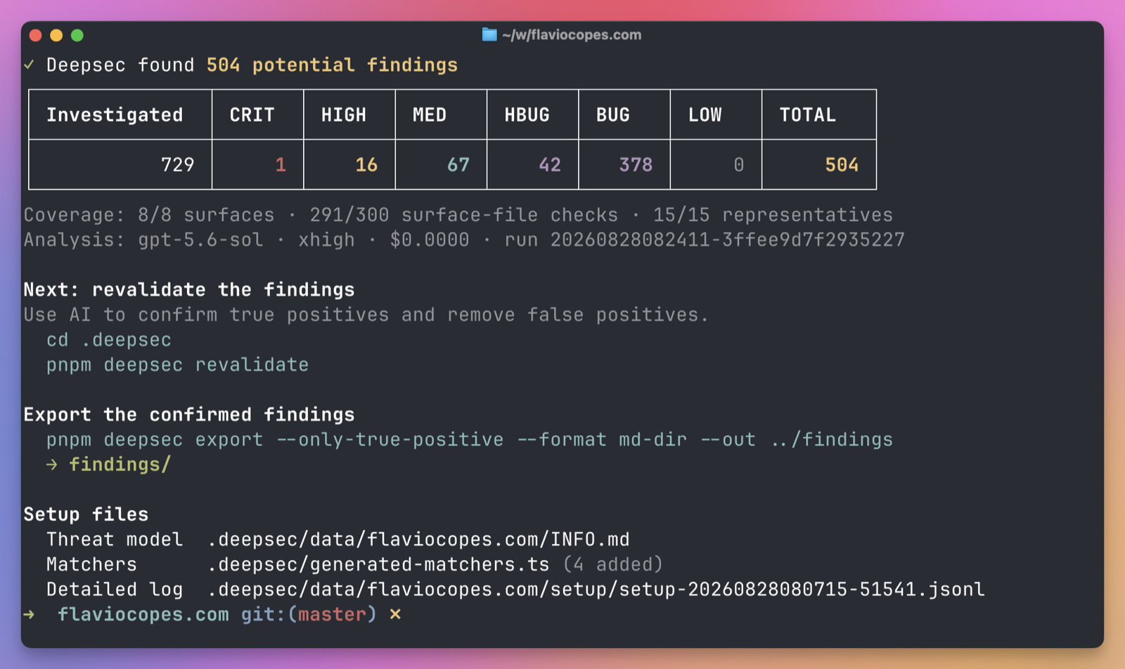 DeepSec reporting 504 potential findings after investigating 729 files