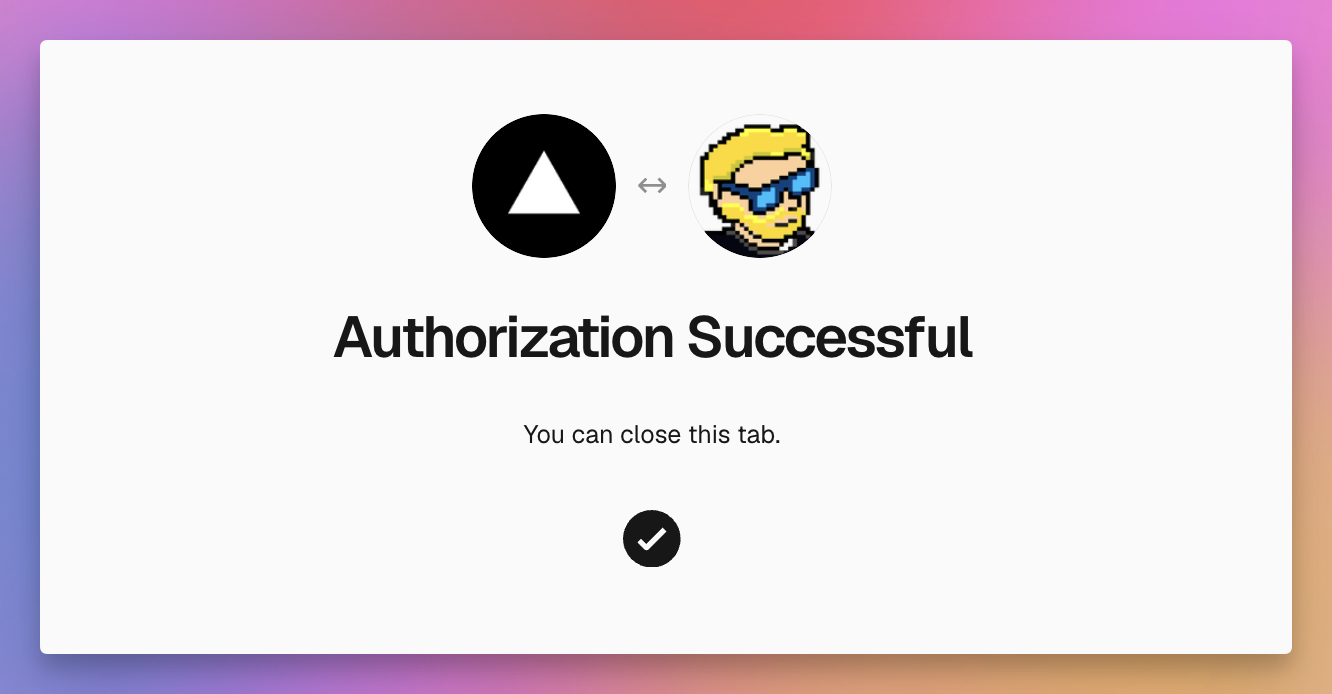 The successful Vercel authorization screen opened by DeepSec