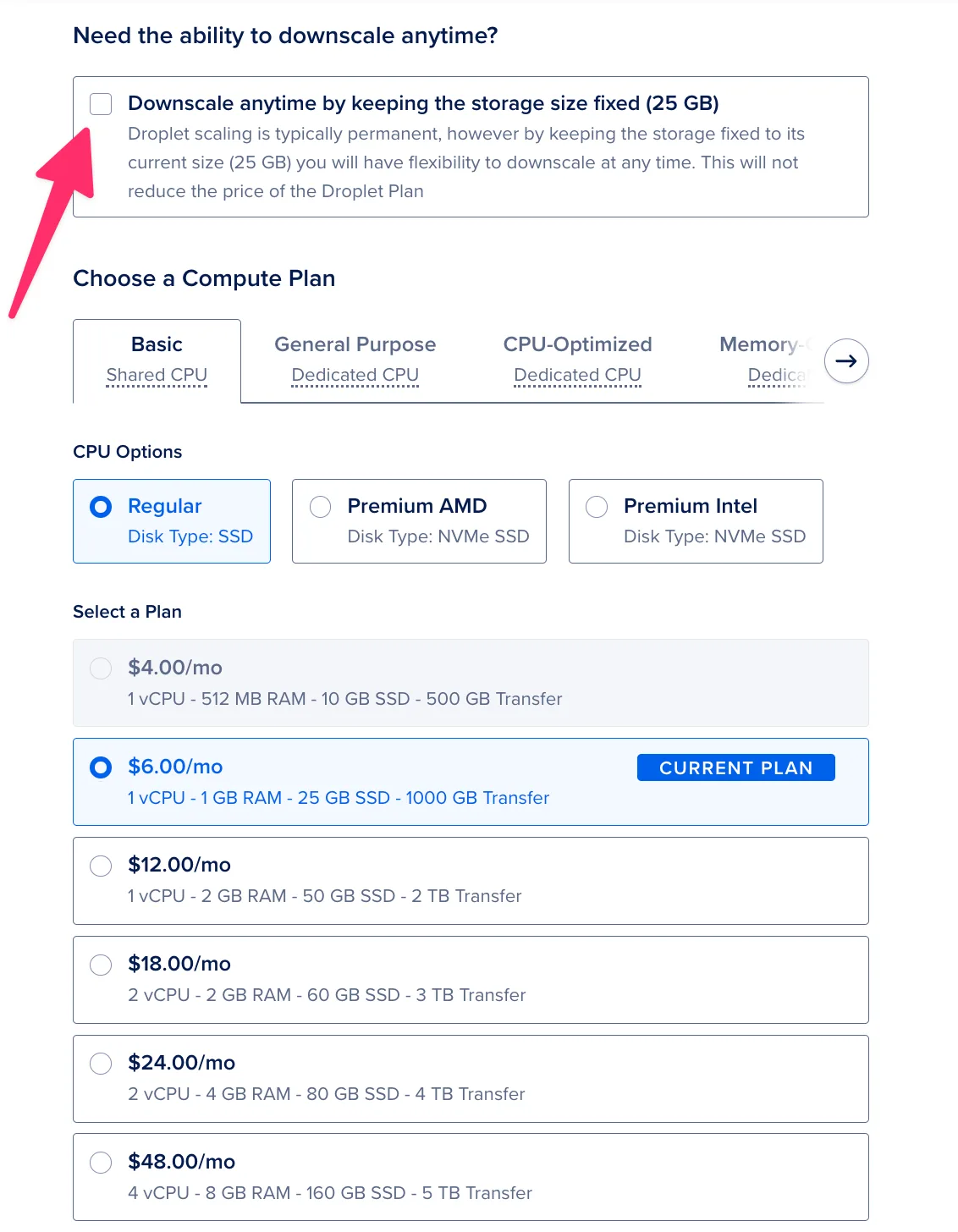 The DigitalOcean resize screen with the keep storage fixed checkbox