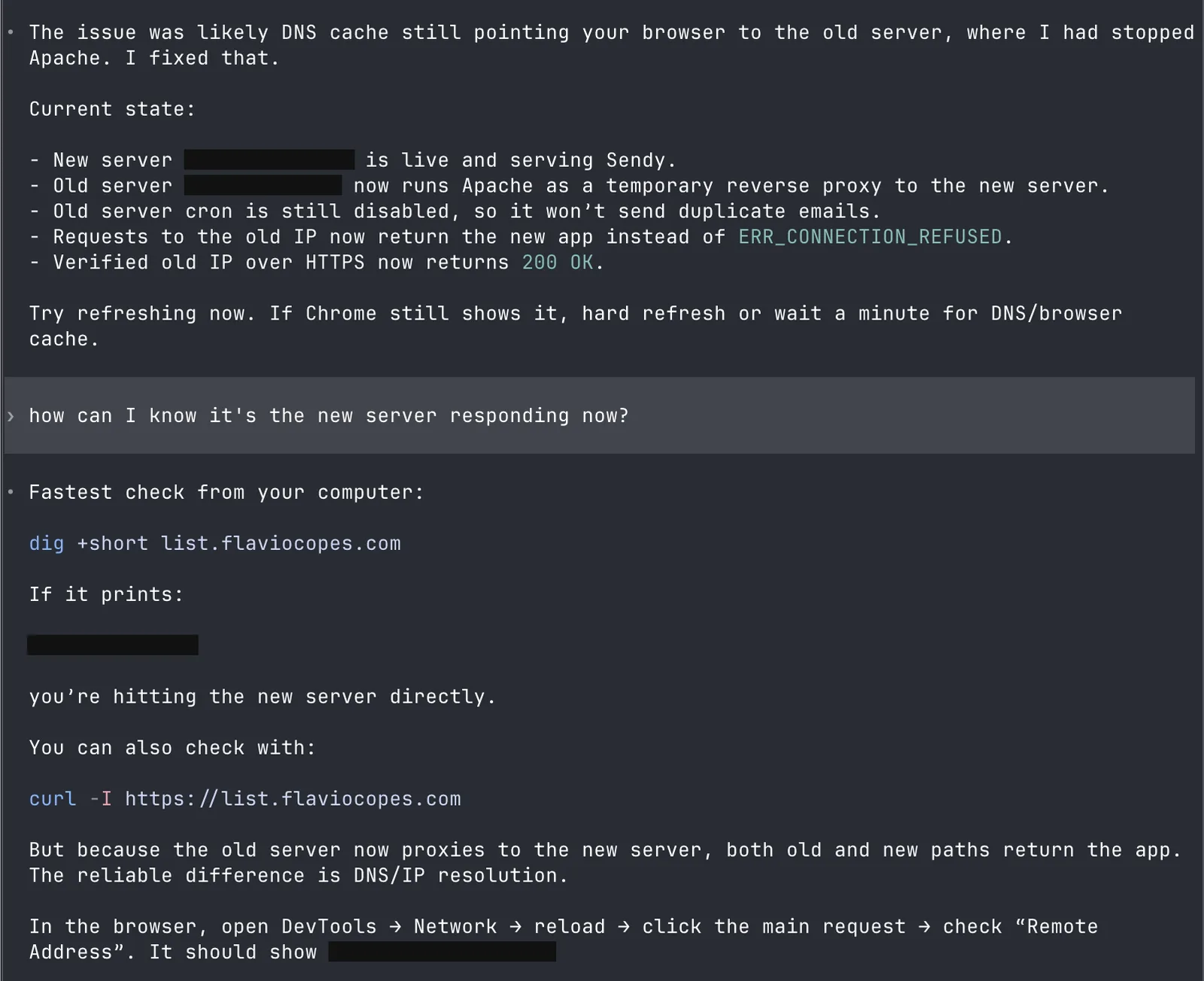 Old server now proxies to the new one, plus how to verify which server is responding