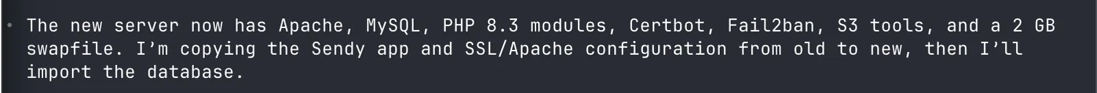 Runtime installed: Apache, MySQL, PHP 8.3, Certbot, Fail2ban, 2 GB swap
