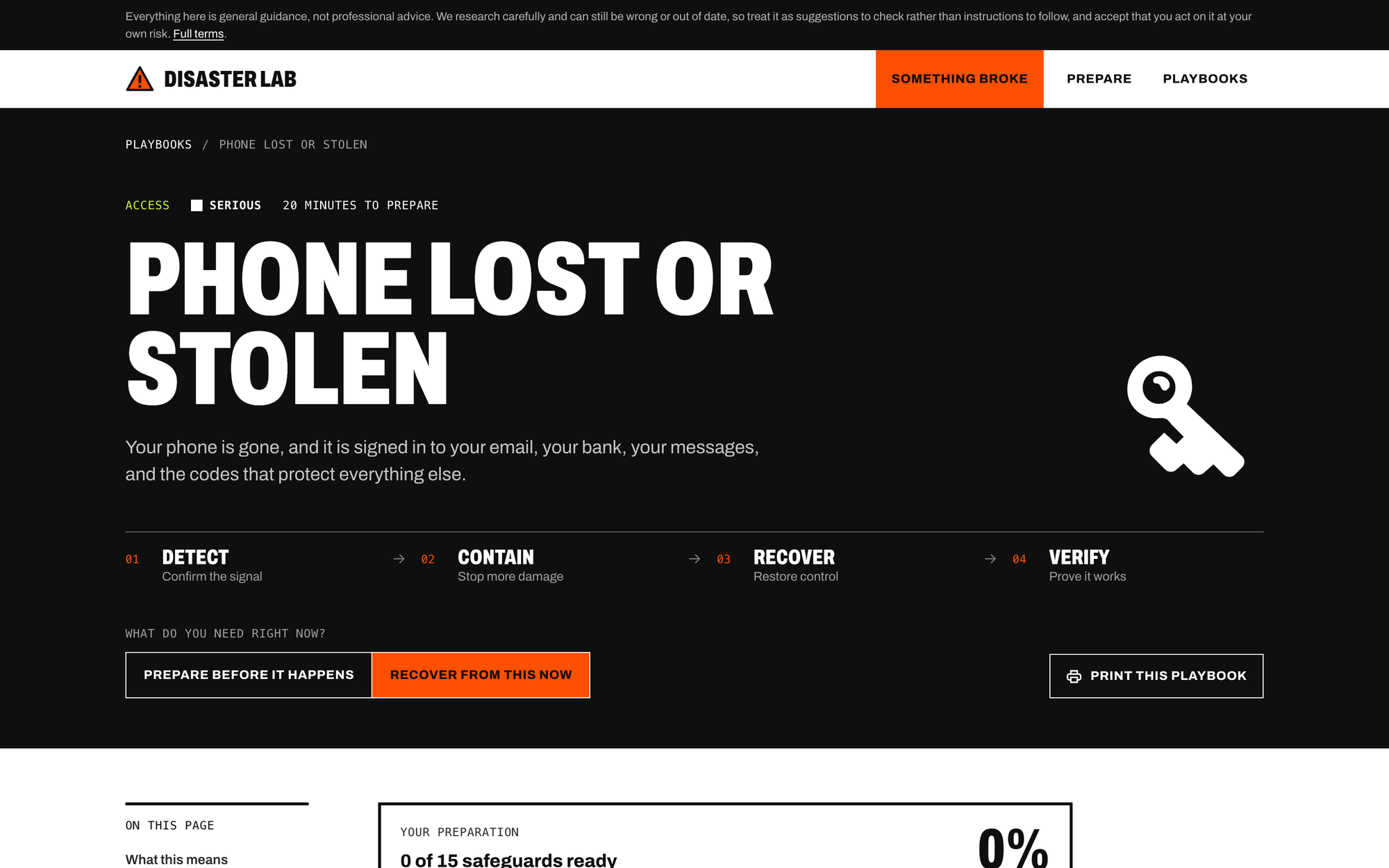 The top of the Phone lost or stolen playbook, with its detect, contain, recover and verify steps
