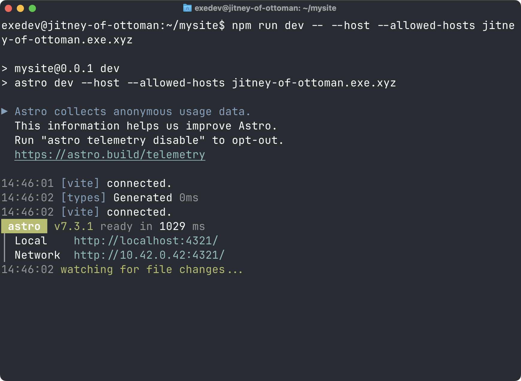The Astro dev server running on the VM, listening on port 4321