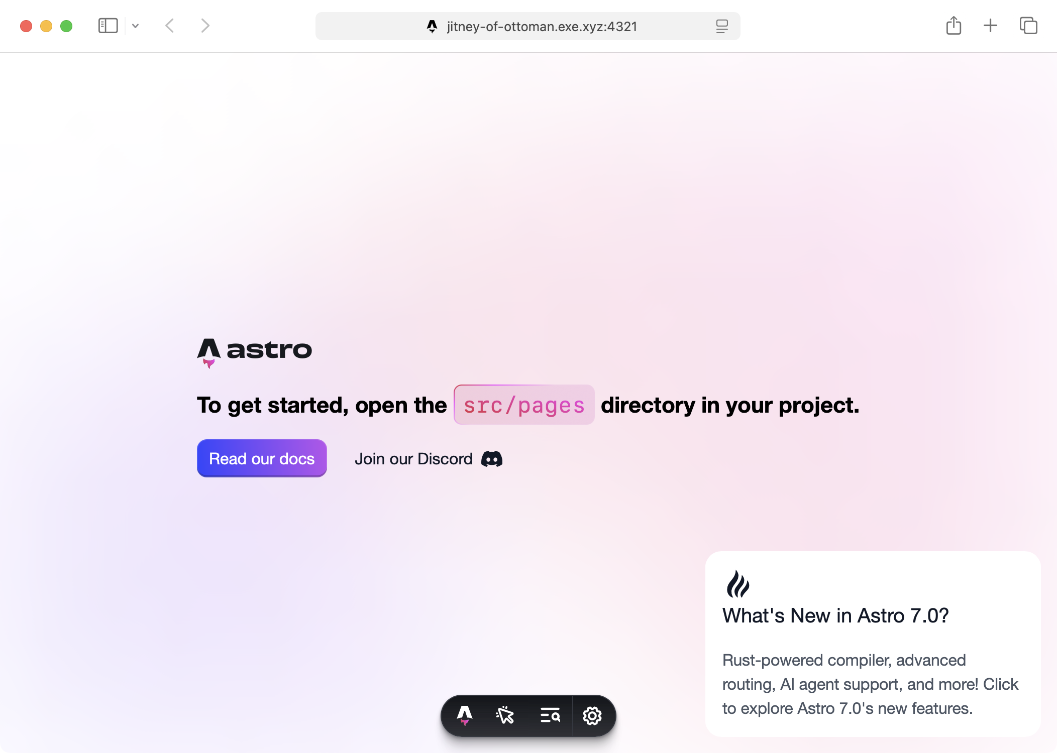 The Astro welcome page served by the dev server at jitney-of-ottoman.exe.xyz:4321