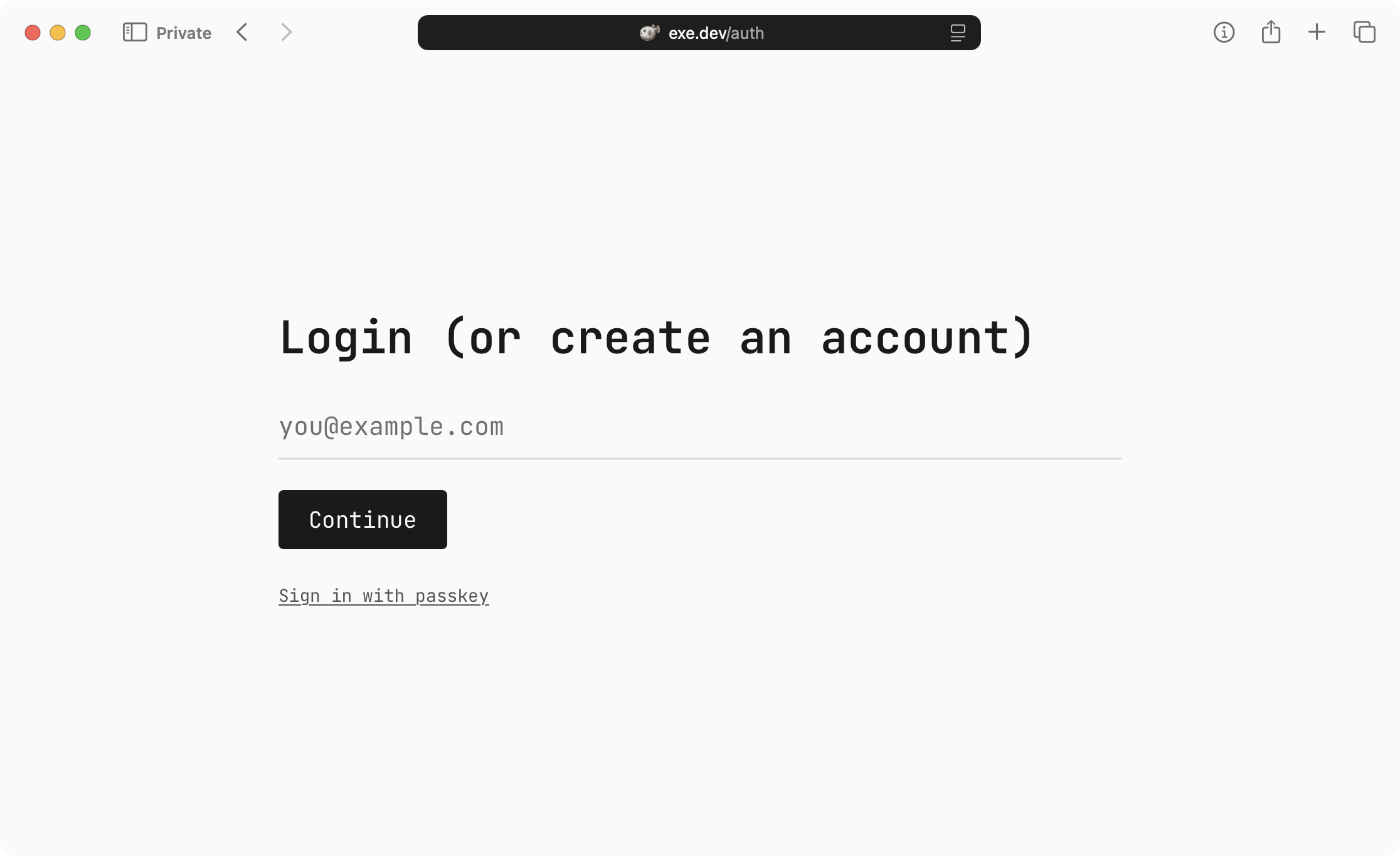 The exe.dev login and registration form