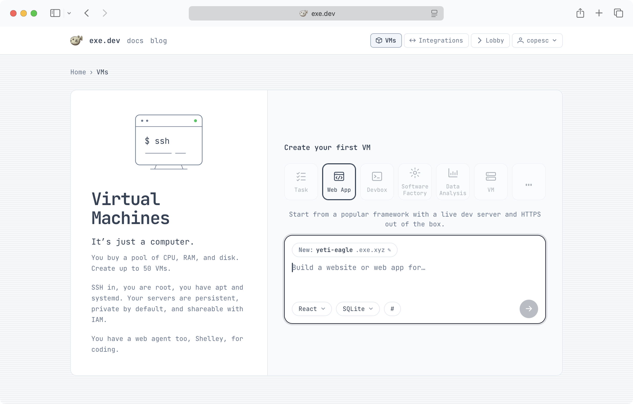 The exe.dev dashboard: create your first VM from a template