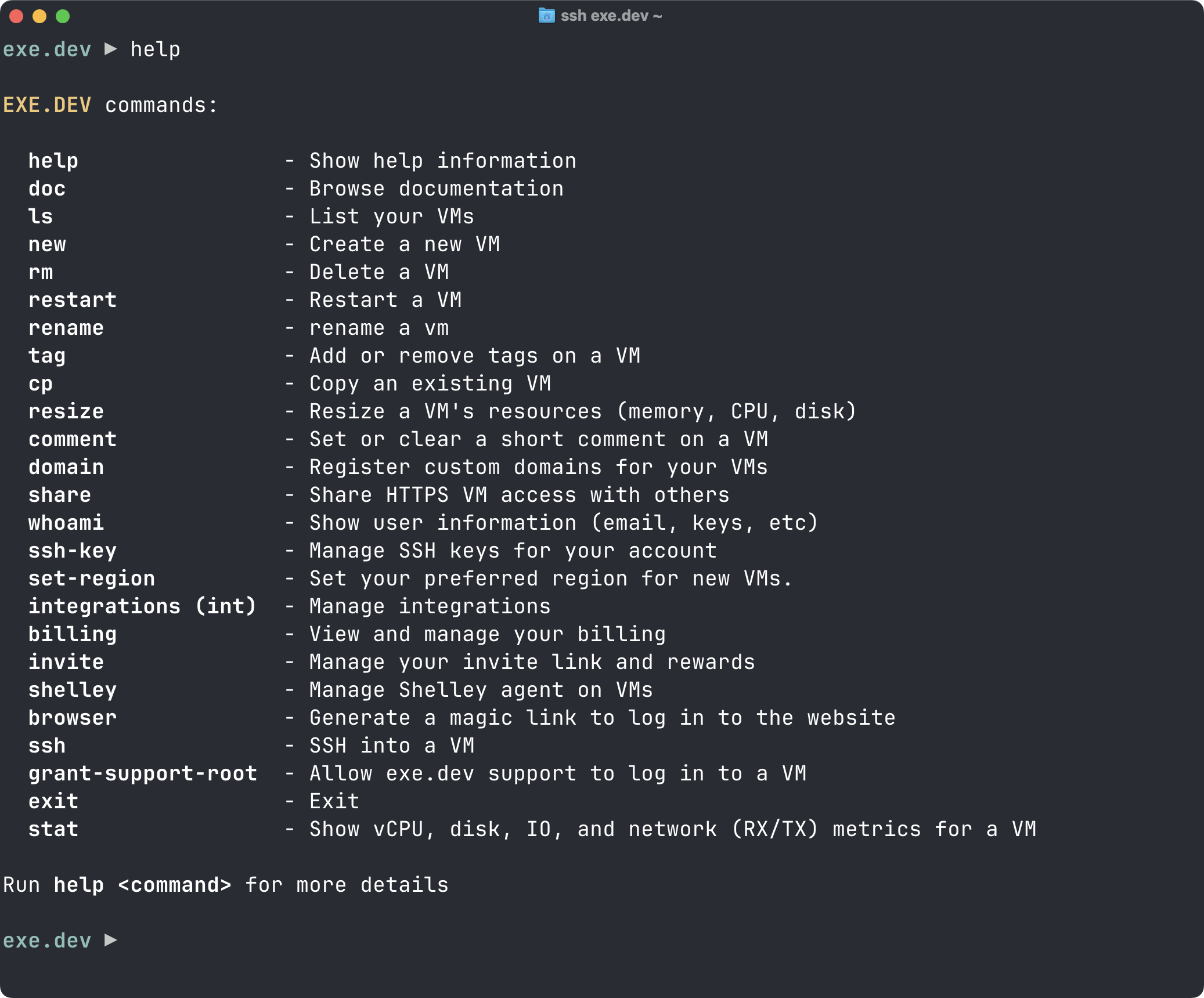 The list of exe.dev commands