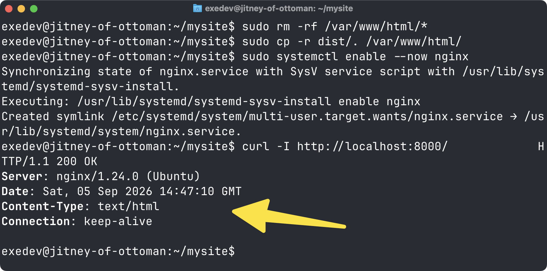 Copying the build into /var/www/html, enabling nginx, and curl returning 200 OK