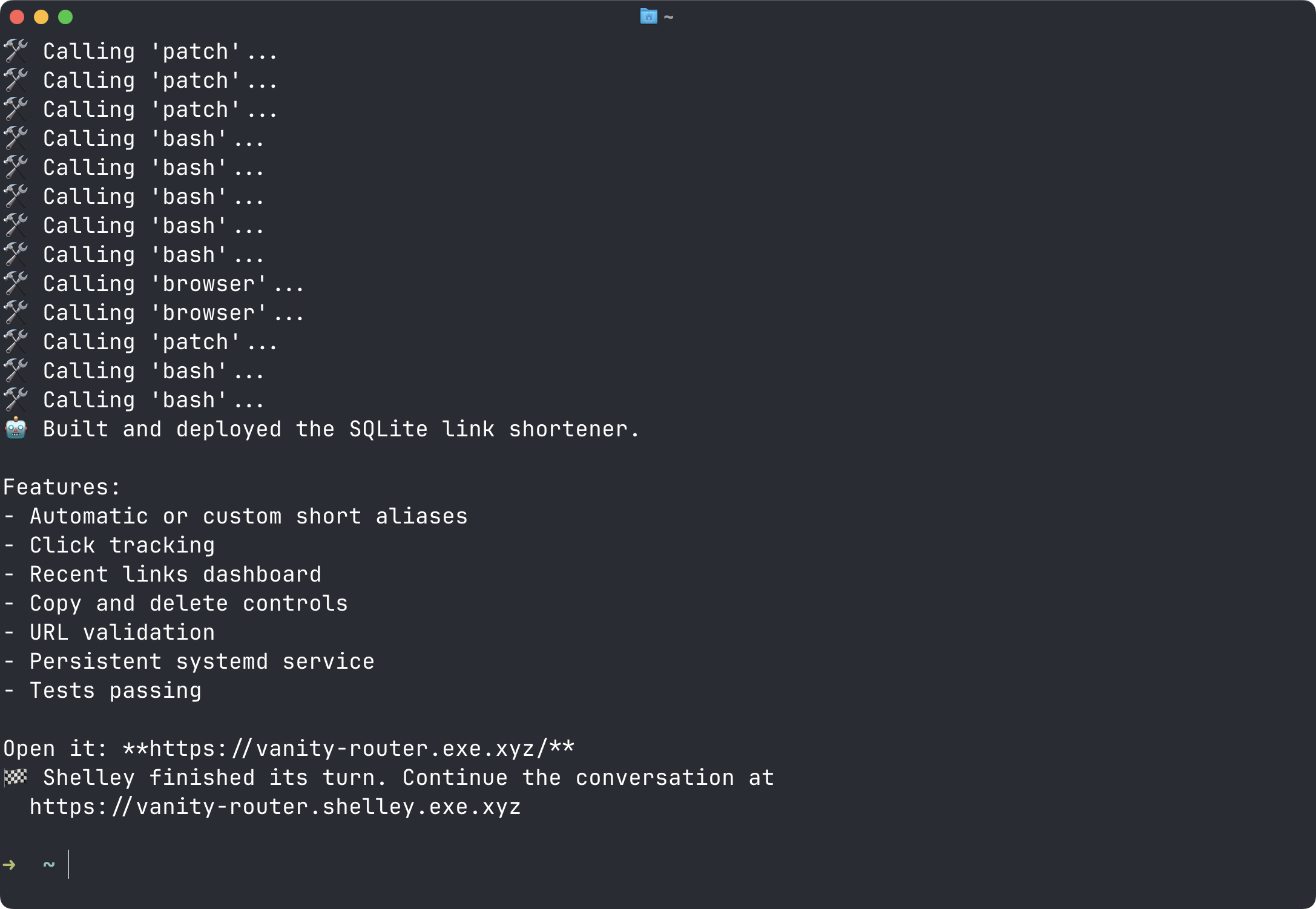 The terminal after the run: each tool call, the summary, and the Shelley URL to continue