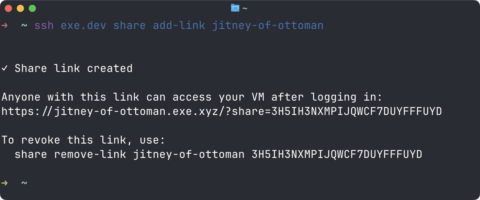 Creating a share link for a VM with ssh exe.dev share add-link
