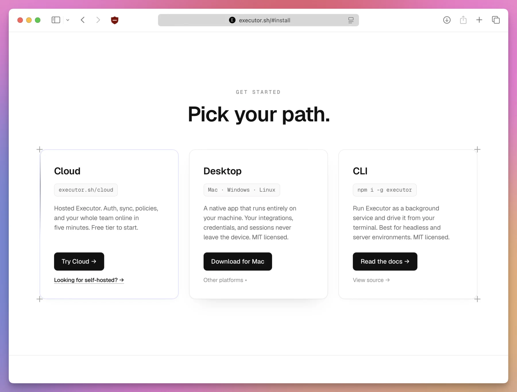 Executor offers Cloud, Desktop, and CLI setup paths