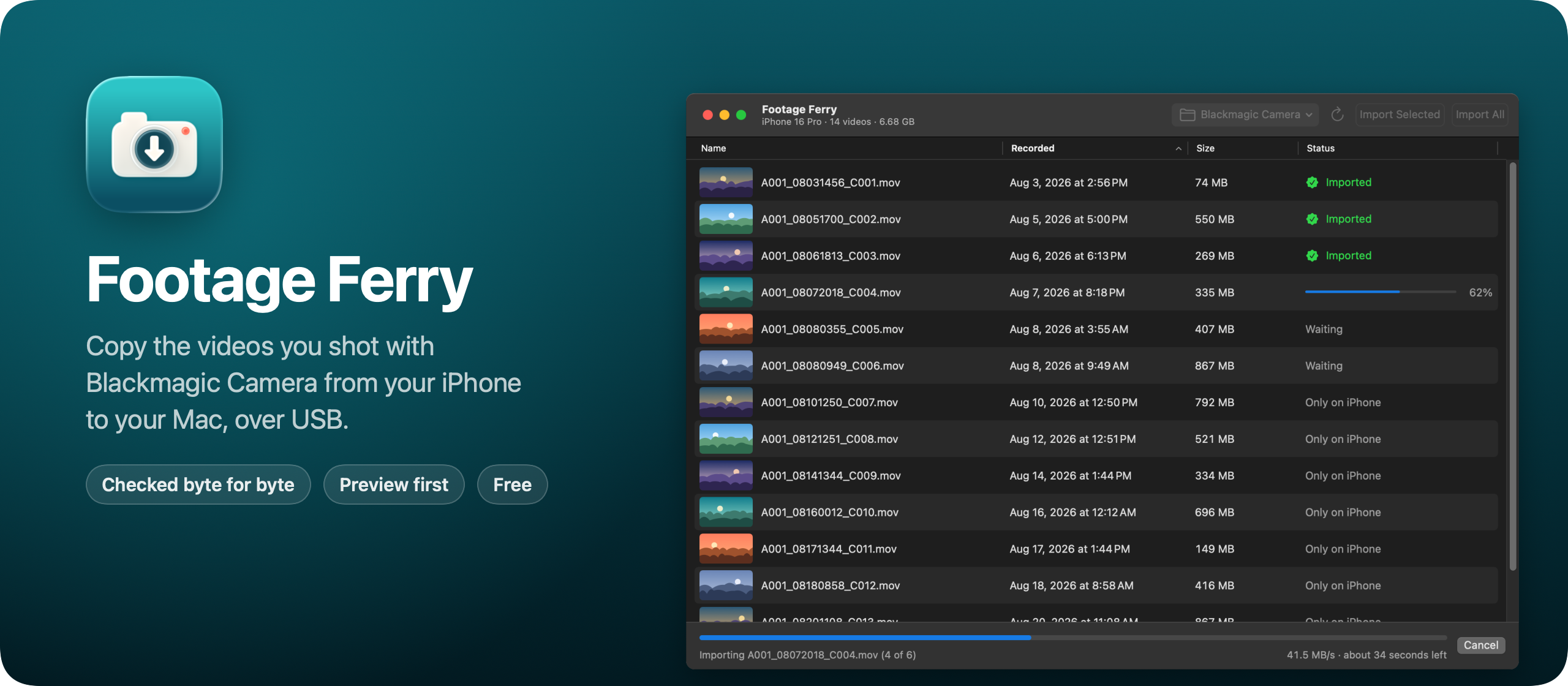 Footage Ferry, a Mac app that copies Blackmagic Camera videos from an iPhone to a Mac