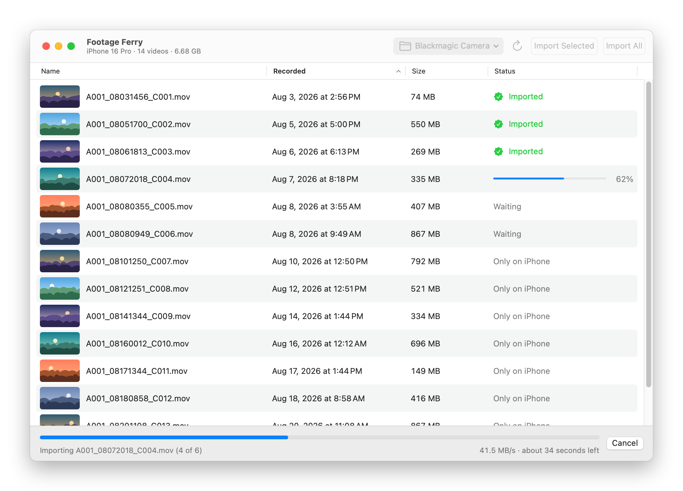 The Footage Ferry window halfway through an import, with three clips imported and the fourth at 62%