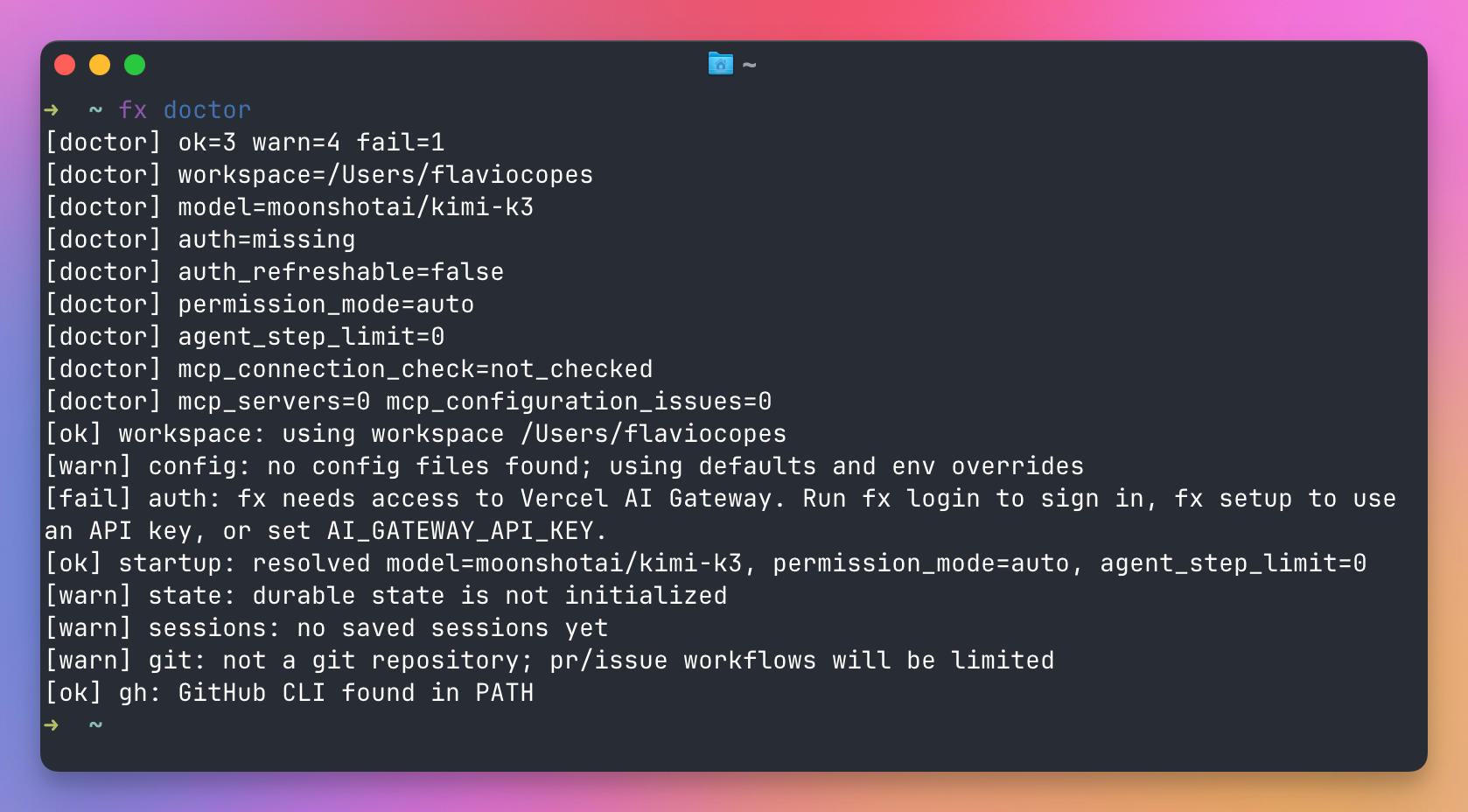 fx doctor before signing in, with auth missing and kimi-k3 selected