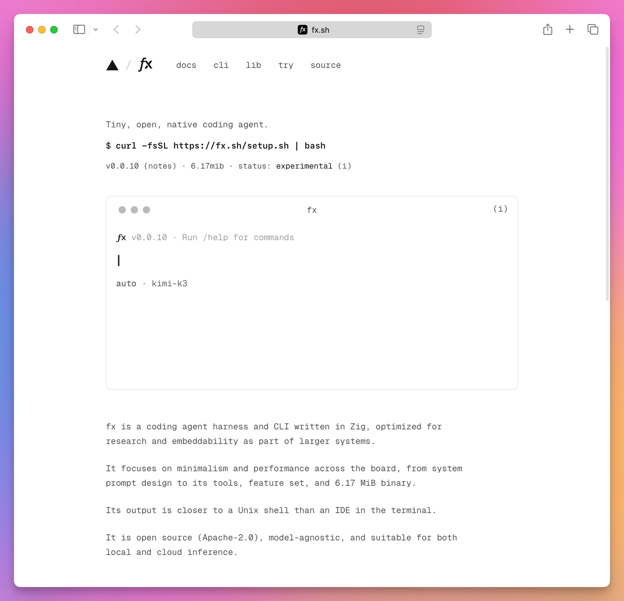 The fx.sh homepage, with the 0.0.10 installer and the experimental label