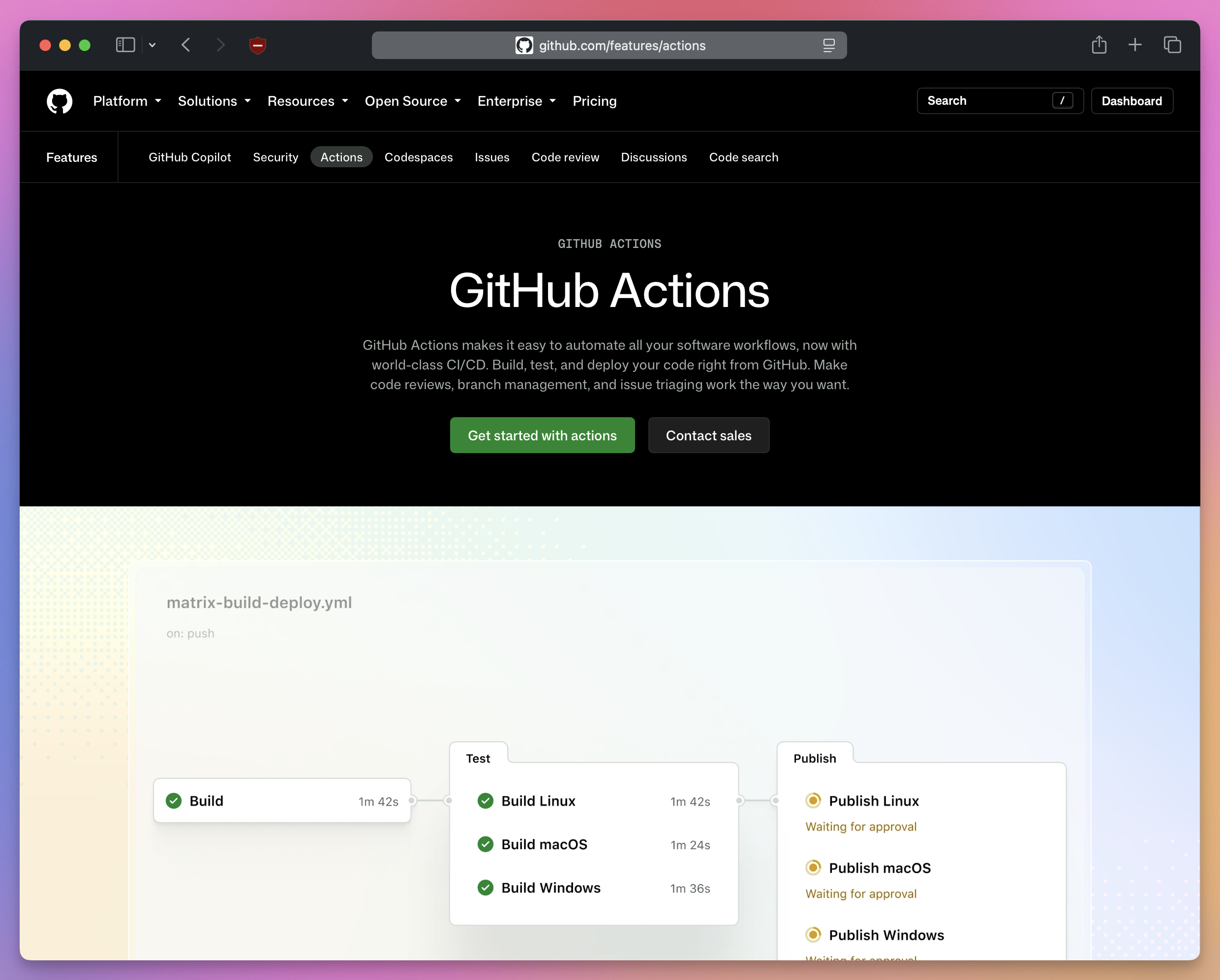 GitHub Actions homepage showing a build, test, and publish workflow