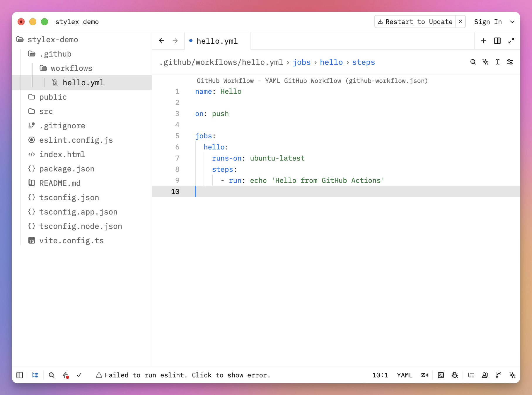 A hello.yml GitHub Actions workflow open in an editor