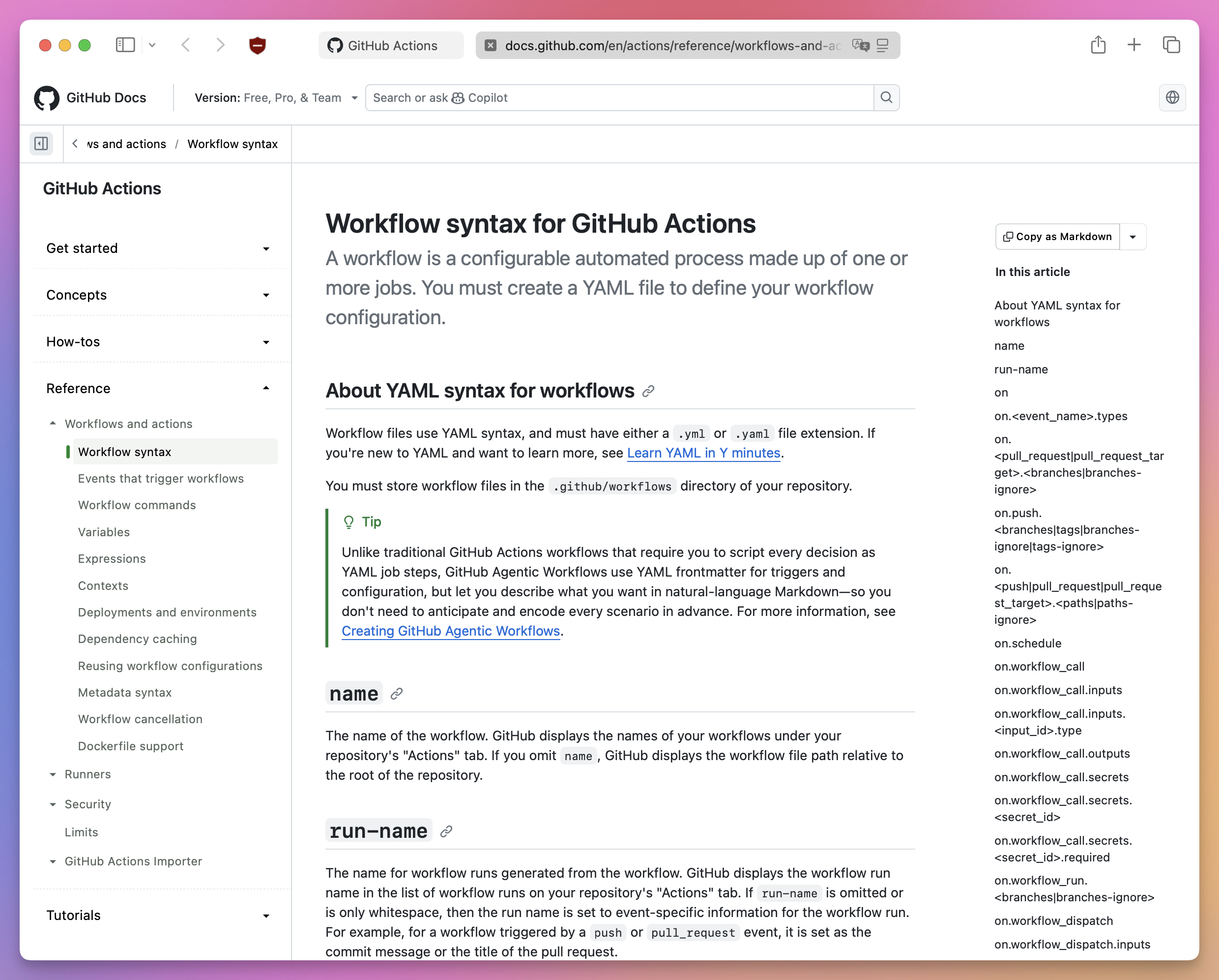 GitHub Actions workflow syntax reference in the GitHub documentation