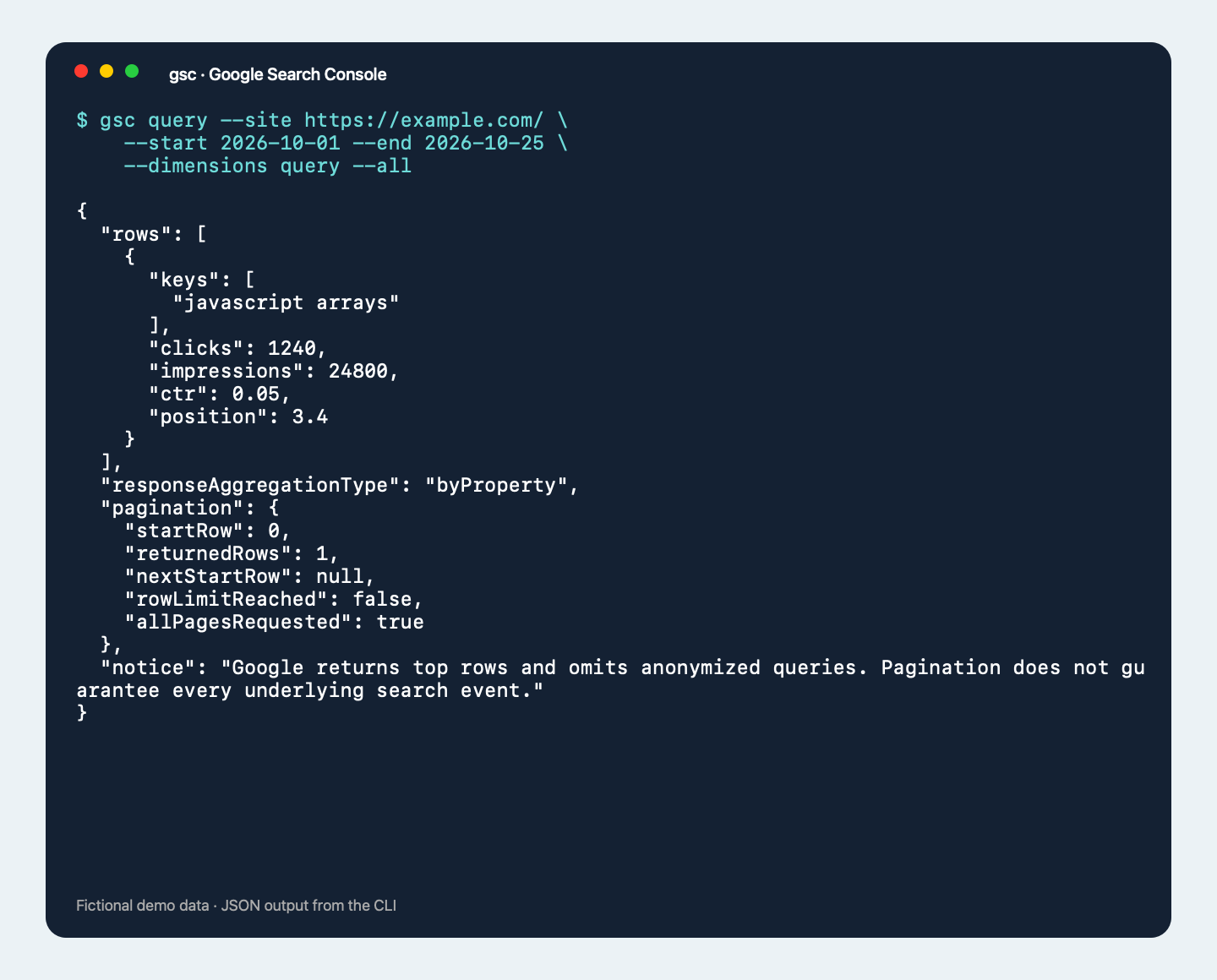 GSC CLI querying search performance and returning JSON in a terminal