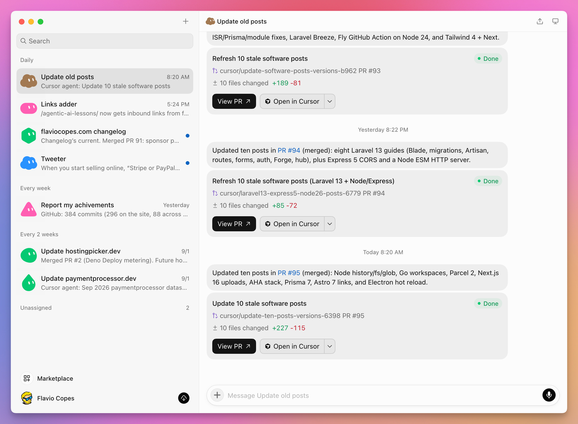 The Update old posts Bot in the Grok Bot app, with three runs that each produced a merged PR